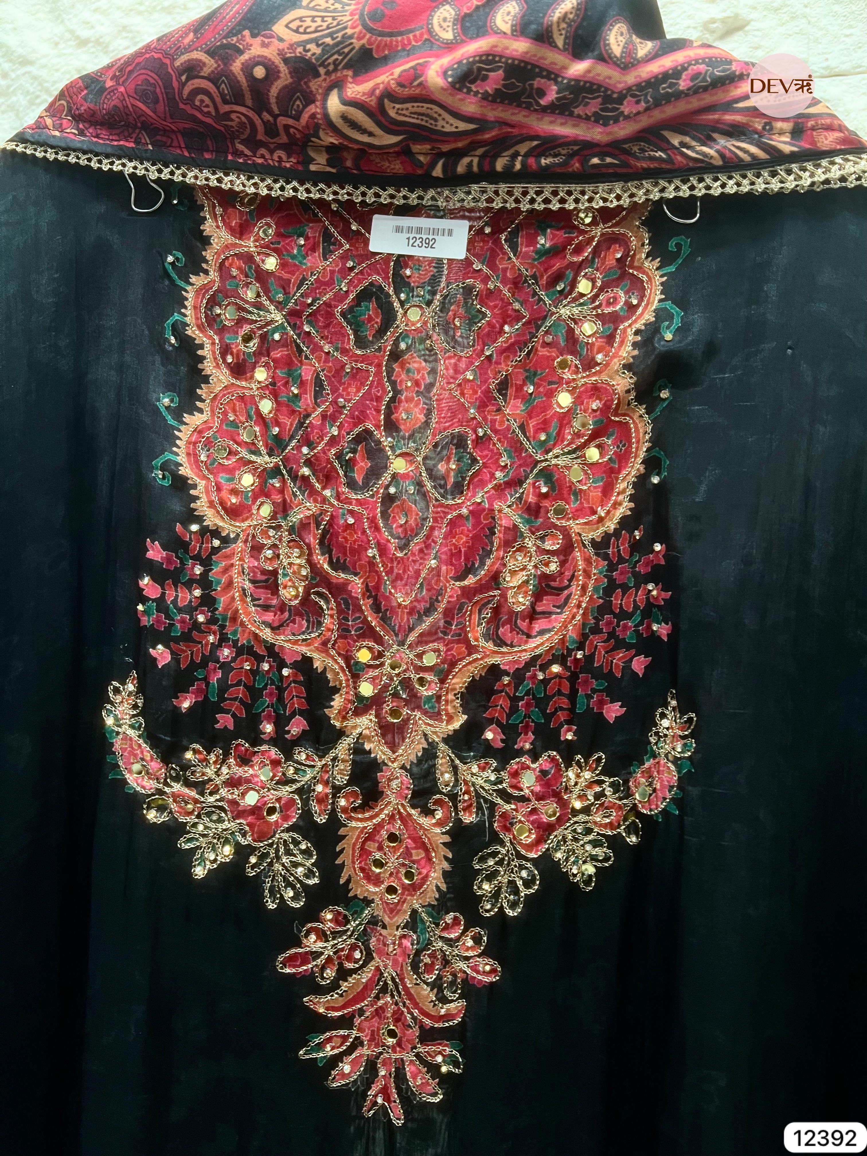 Black Organza Silk Embroidered Unstitched 3-Piece Suit (Devri – D.No 12392)