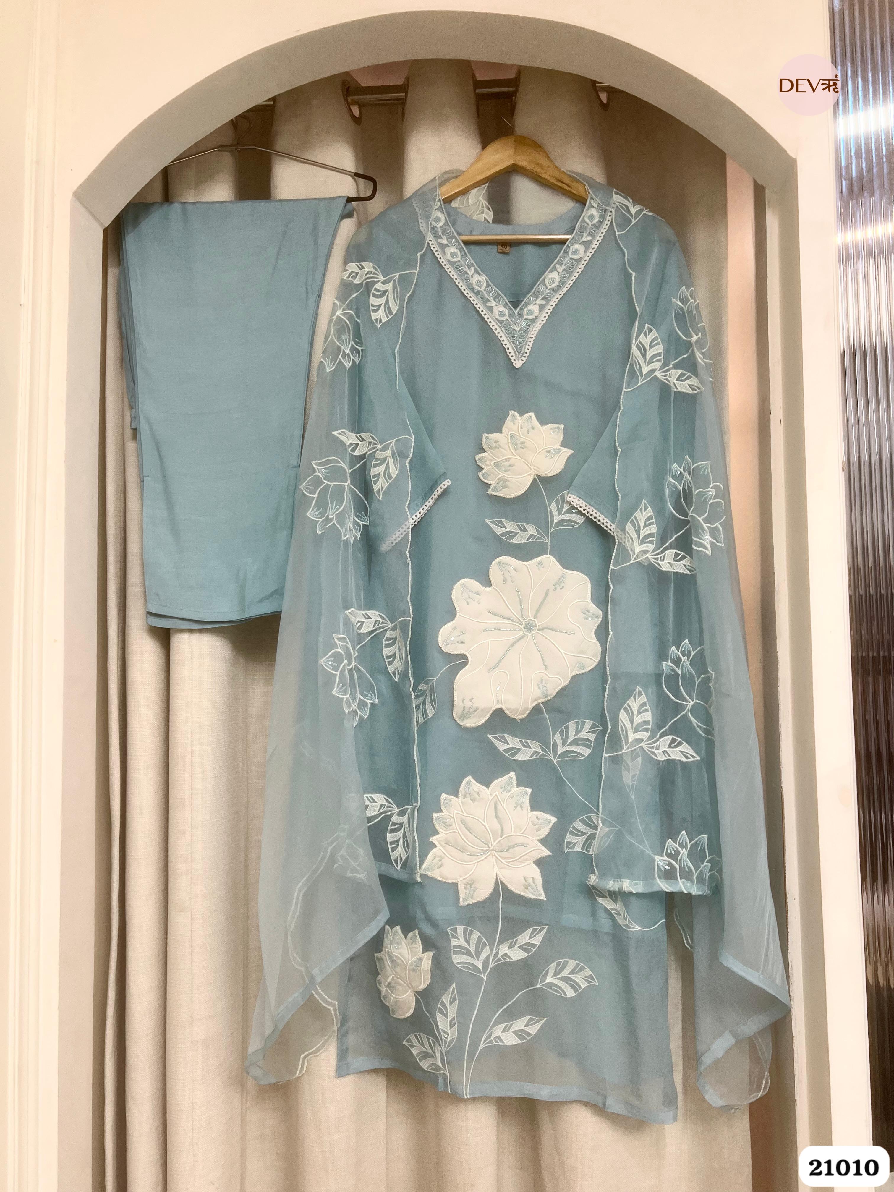 Vanya Organza Embroidered Sky Blue 3-Piece Set (Devri – D.No 21010)