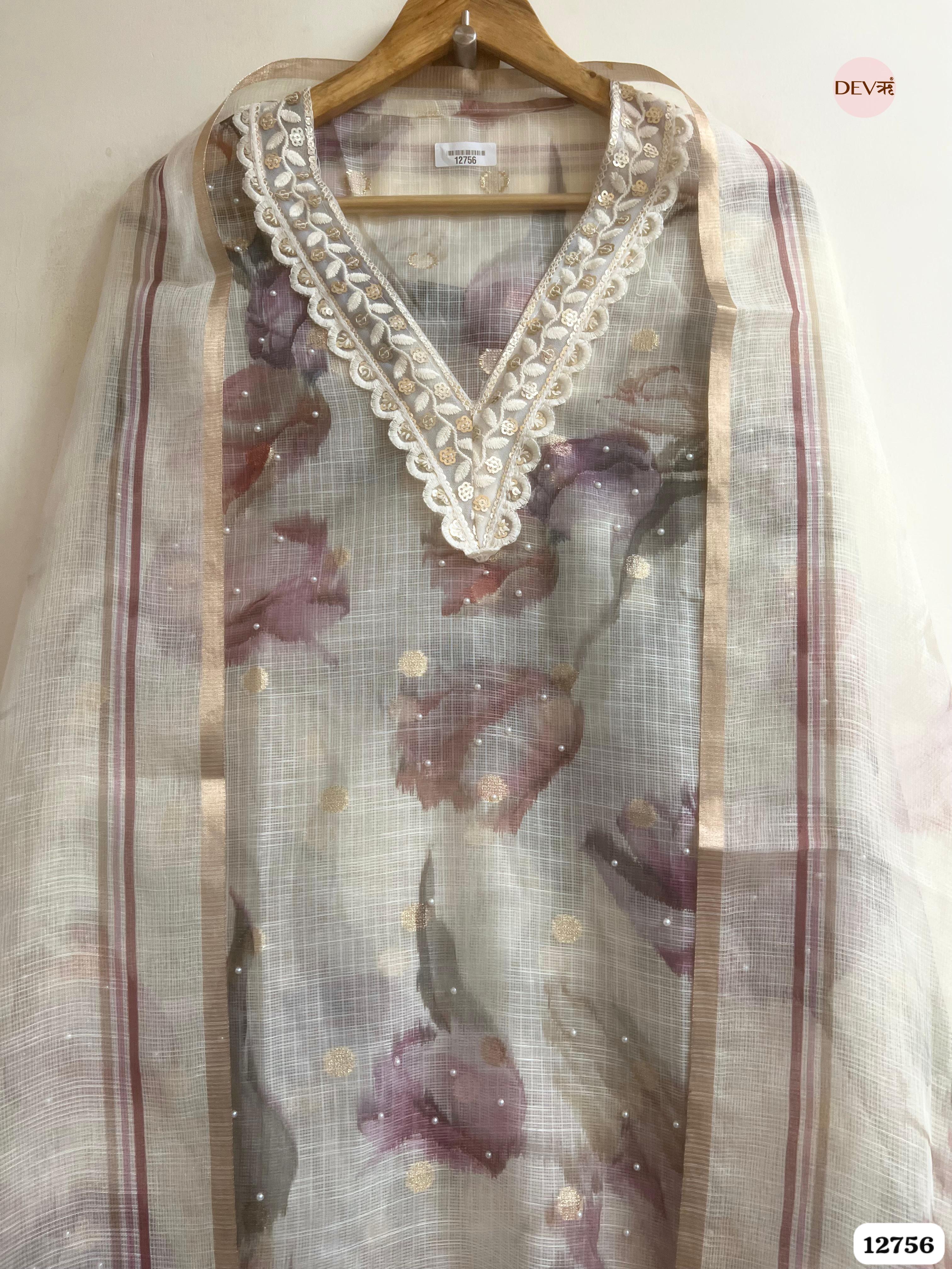 Ivory Kota Doria Floral Unstitched 3-Piece Suit (Devri – D.No 12756)