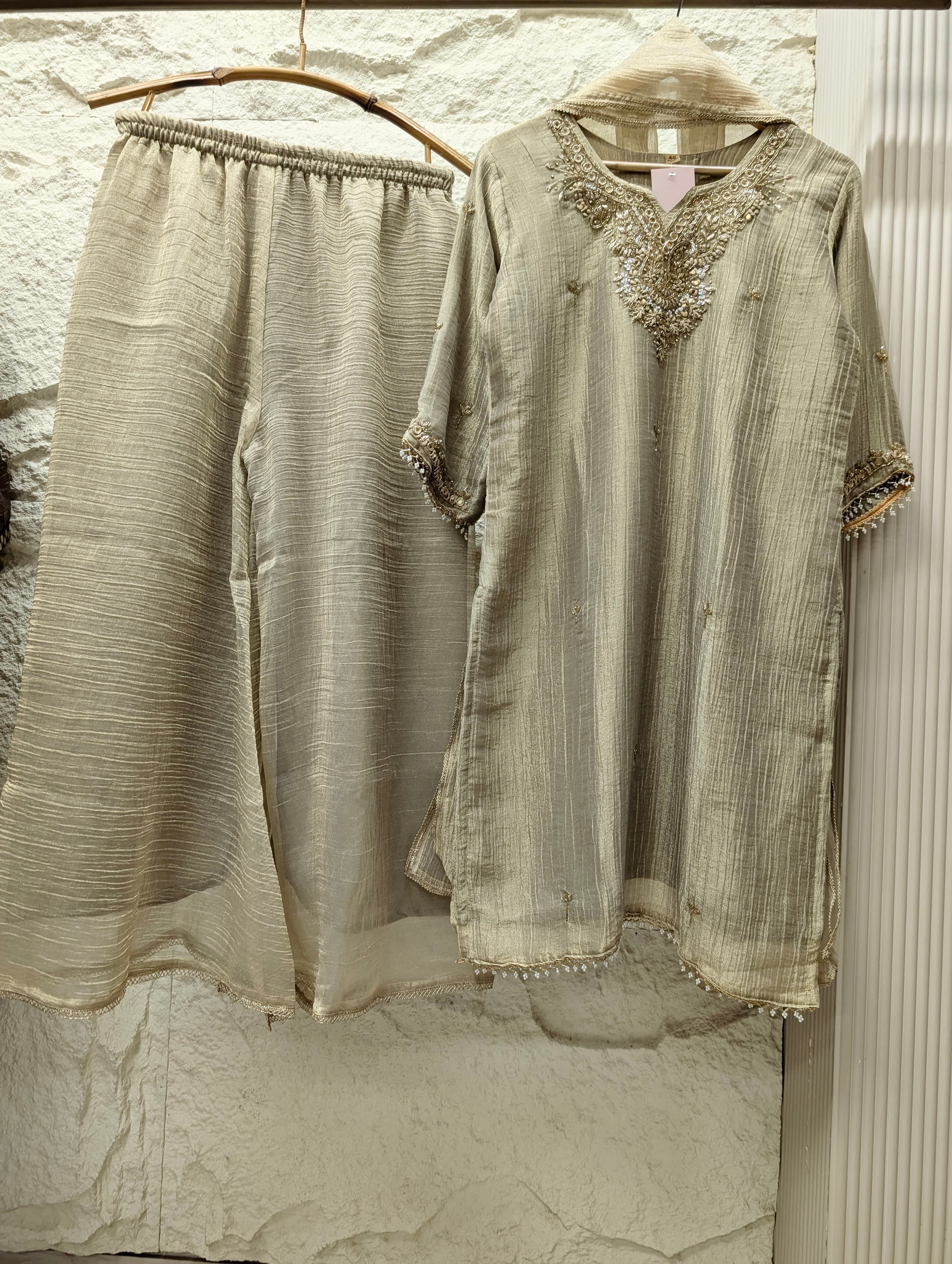 Zareen Tissue crush silk Embroidered Beige 3-Piece Set (Devri – D.No 13755)