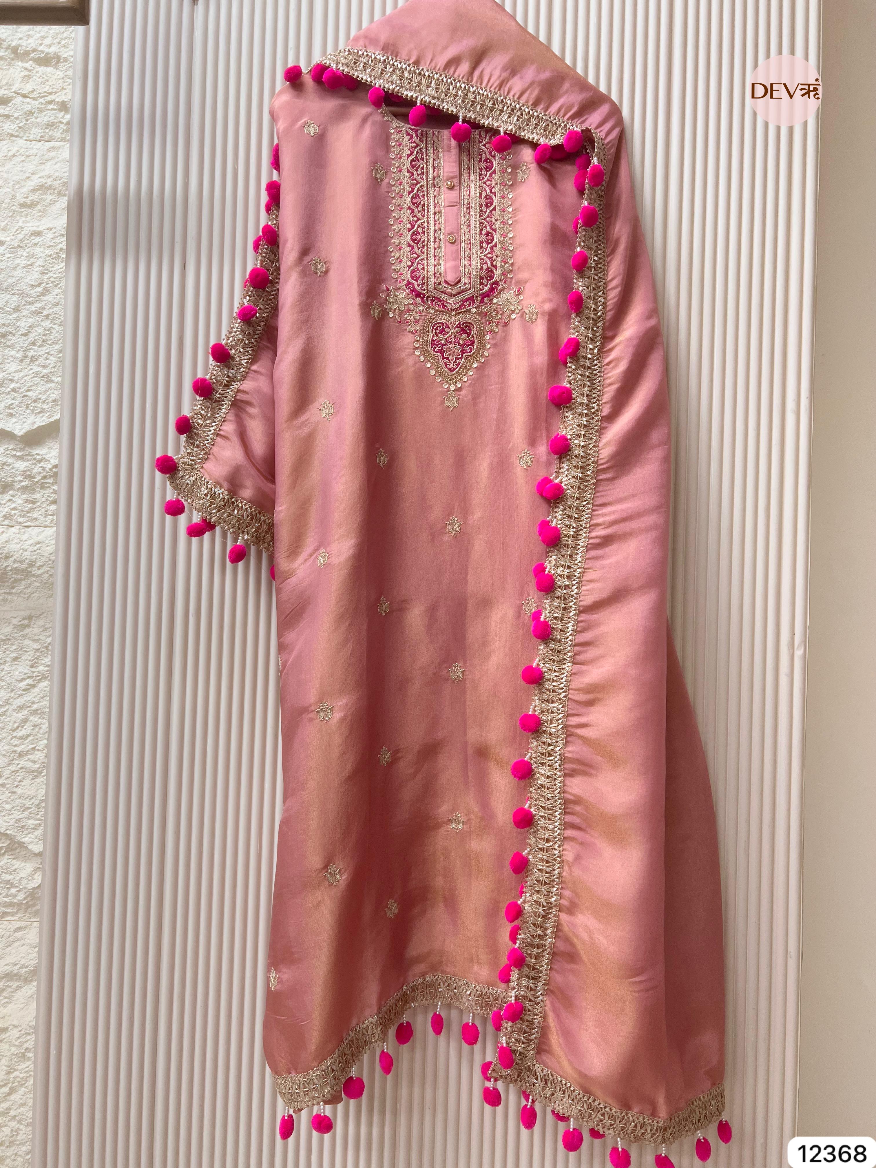 Blush Pink Shimmer Silk Hand Embroidered Unstitched 3-Piece Suit (Devri – D.No 12368)