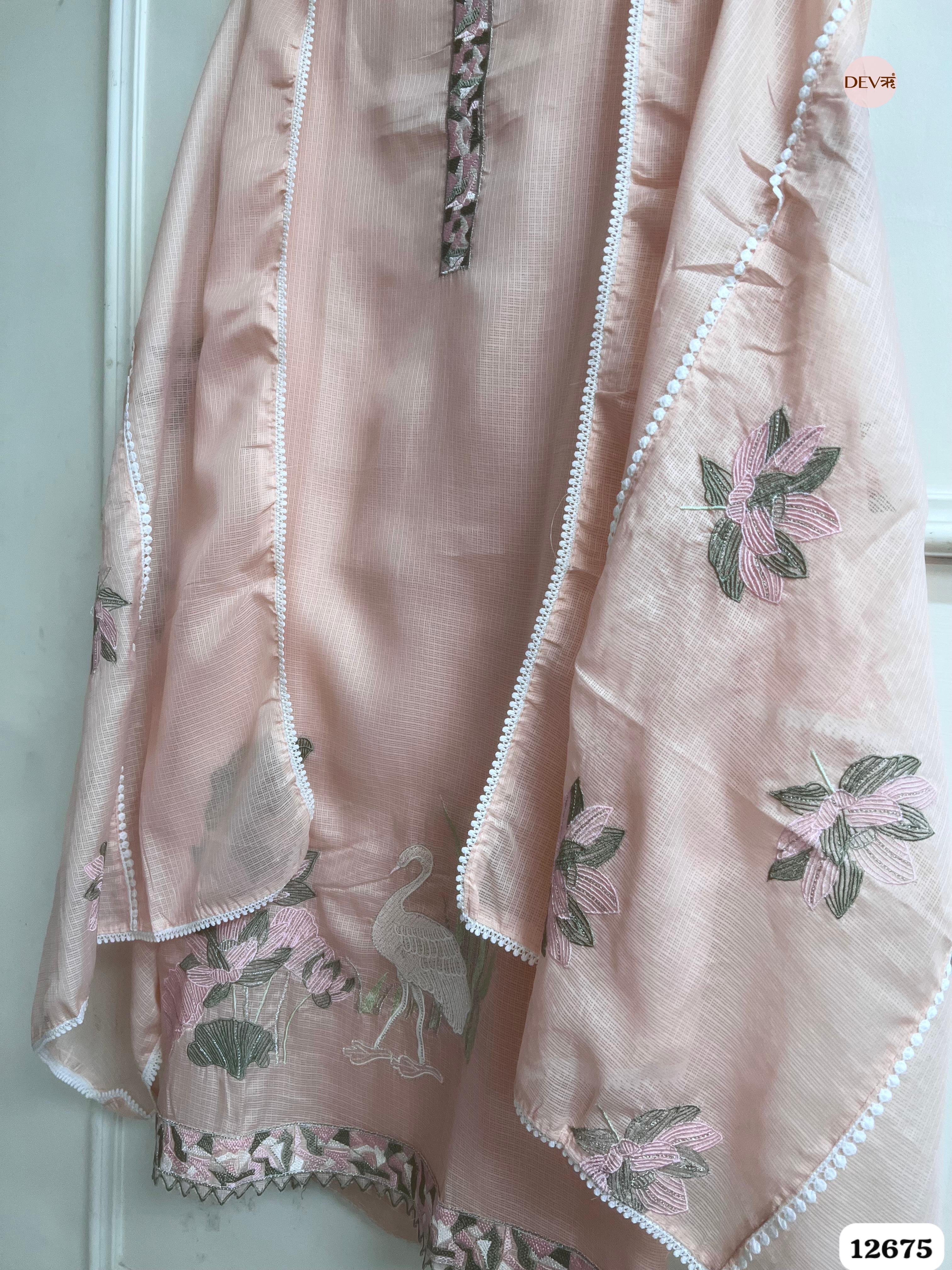 Peach Kota Embroidered Unstitched 3-Piece Suit (Devri – D.No 12675)