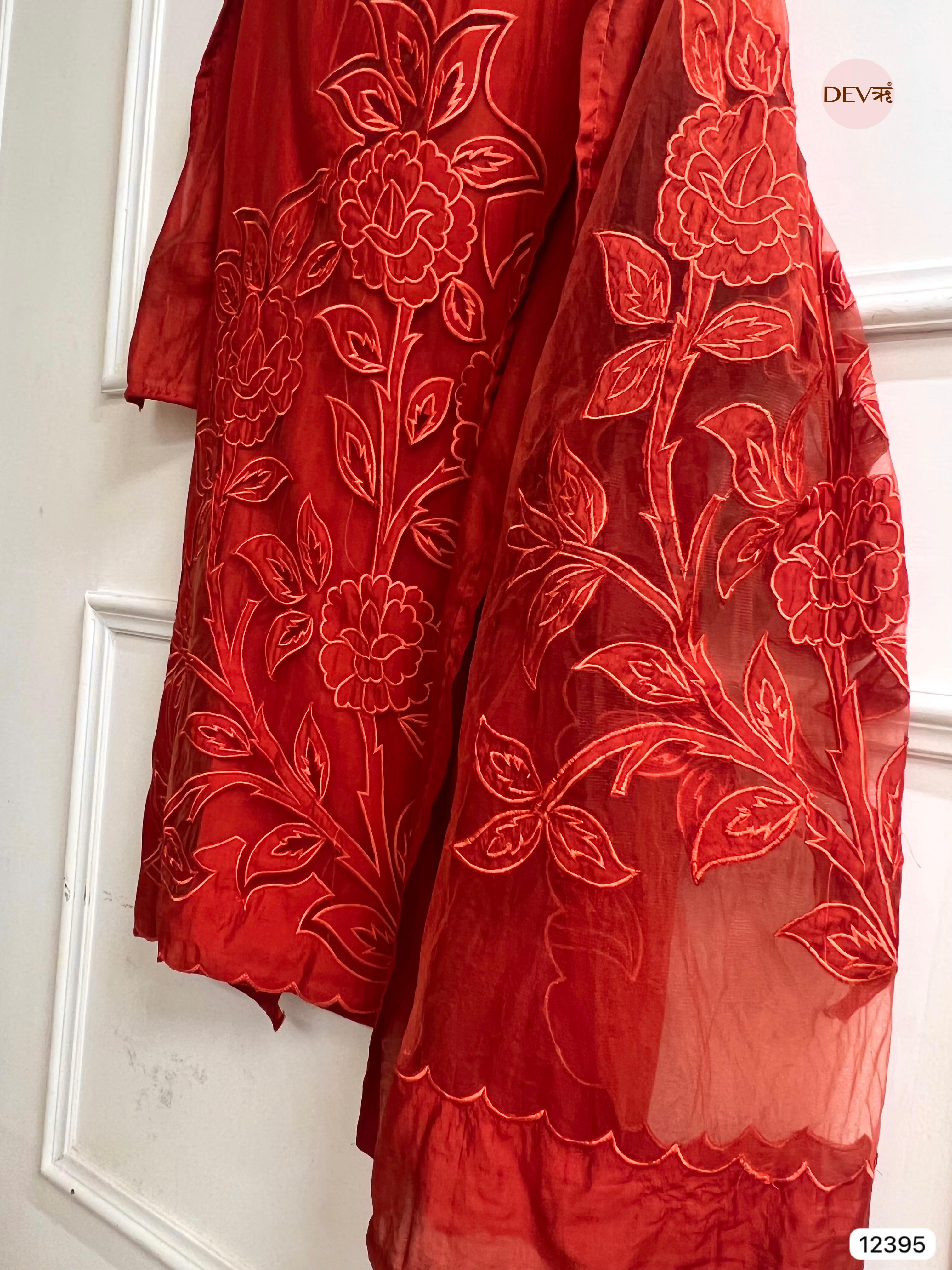 Rust Modal Silk Embroidered Unstitched 3-Piece Suit (Devri – D.No 12395)