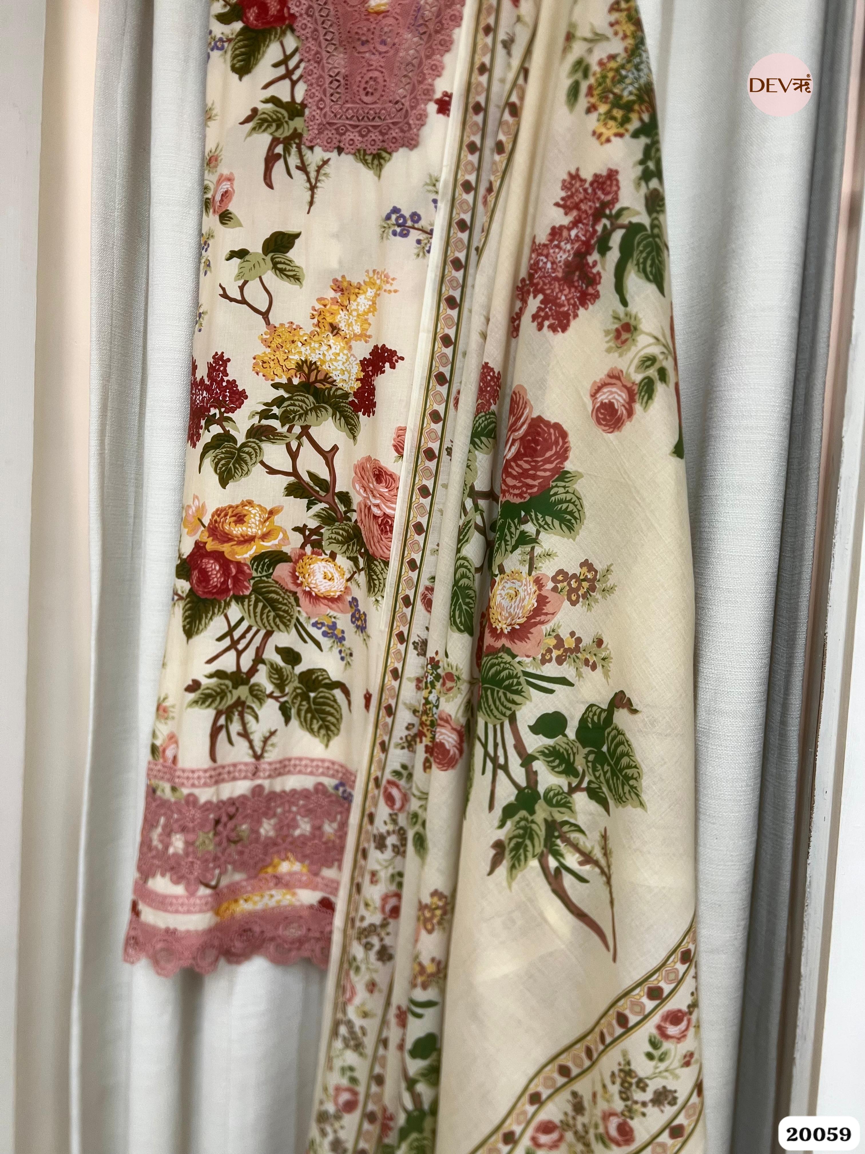 Ivory Cotton Printed Unstitched 3-Piece Suit (Devri – D.No. 20059)
