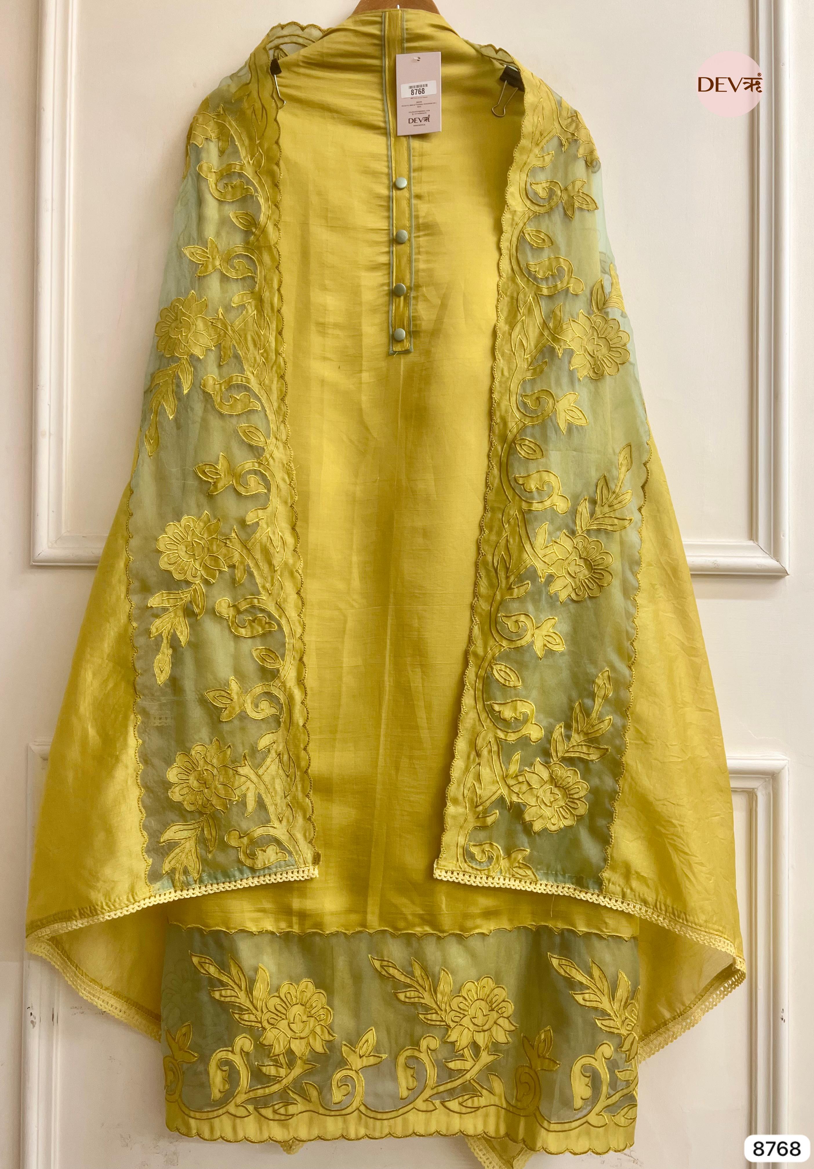 Mustard Yellow Modal Silk Embroidered Unstitched 3-Piece Suit (Devri – D.No 8768)