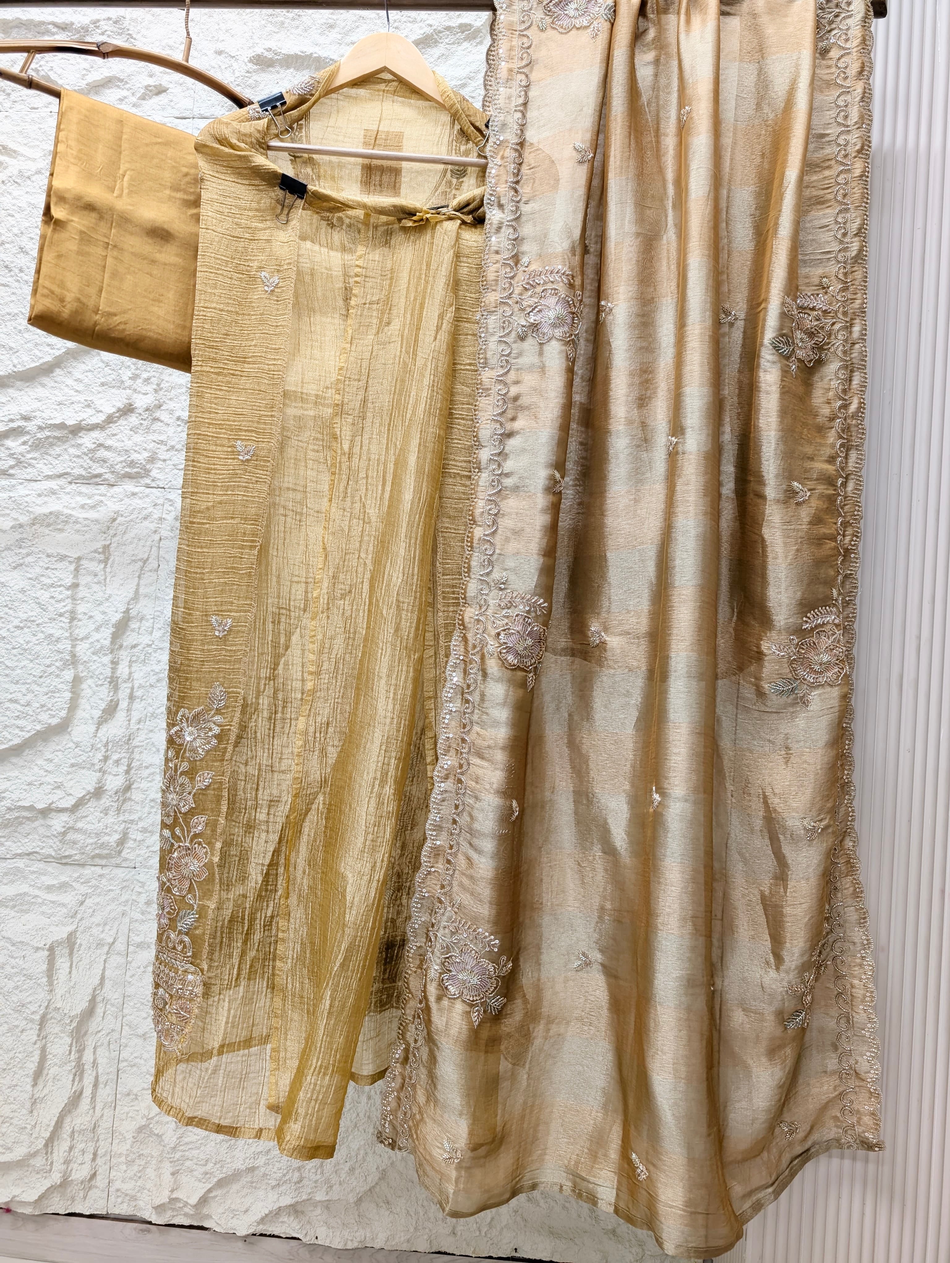 Mustard Tissue Crush Silk Embroidered Unstitched 3-Piece Suit (Devri – D.No 13643)