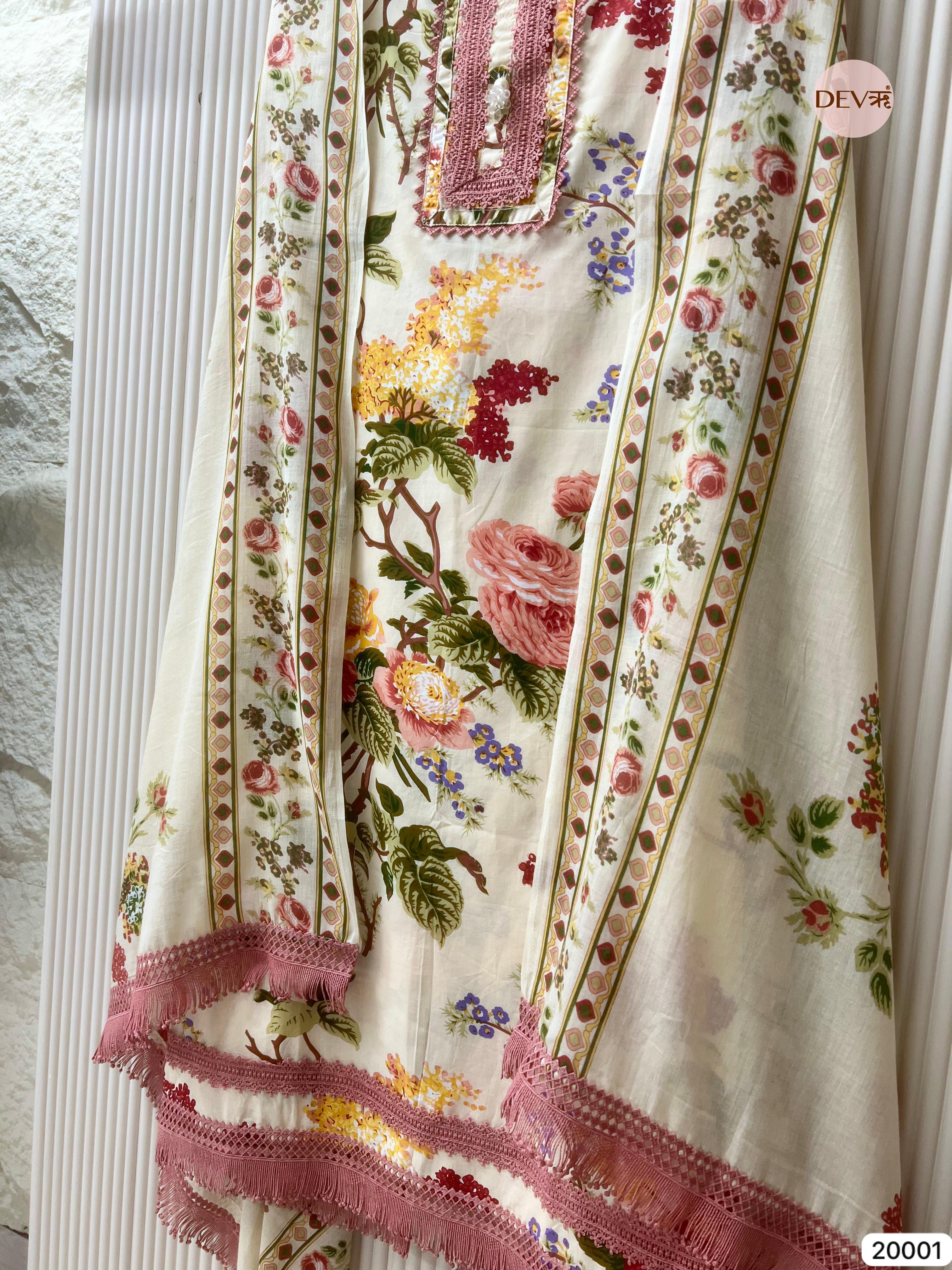 Ivory Pure Cotton Printed Unstitched 3-Piece Suit (Devri – Dno. 20001)