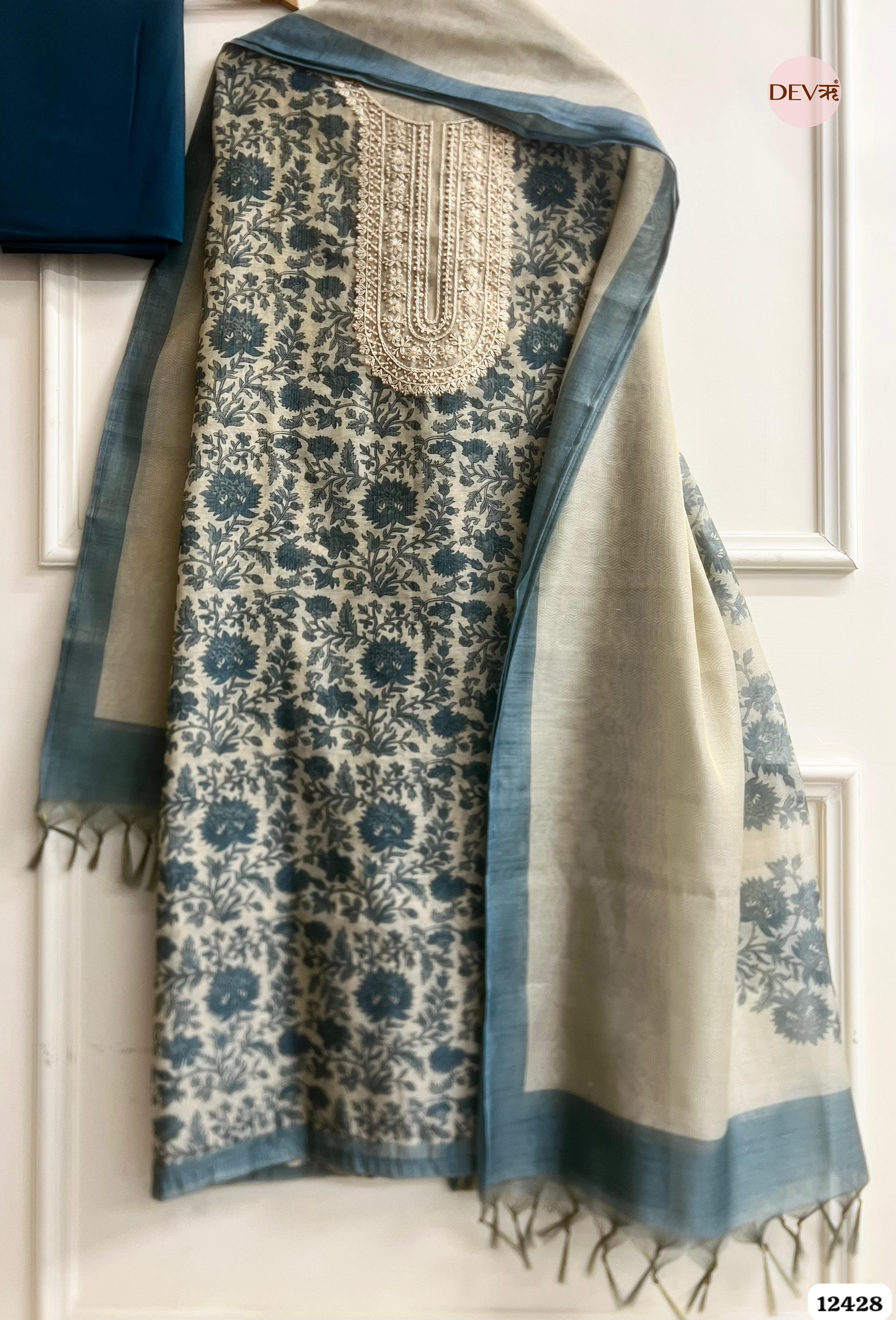 Ivory Blue Pure Linen Tissue Printed Unstitched 3-Piece Suit (Devri – D.No. 12428)