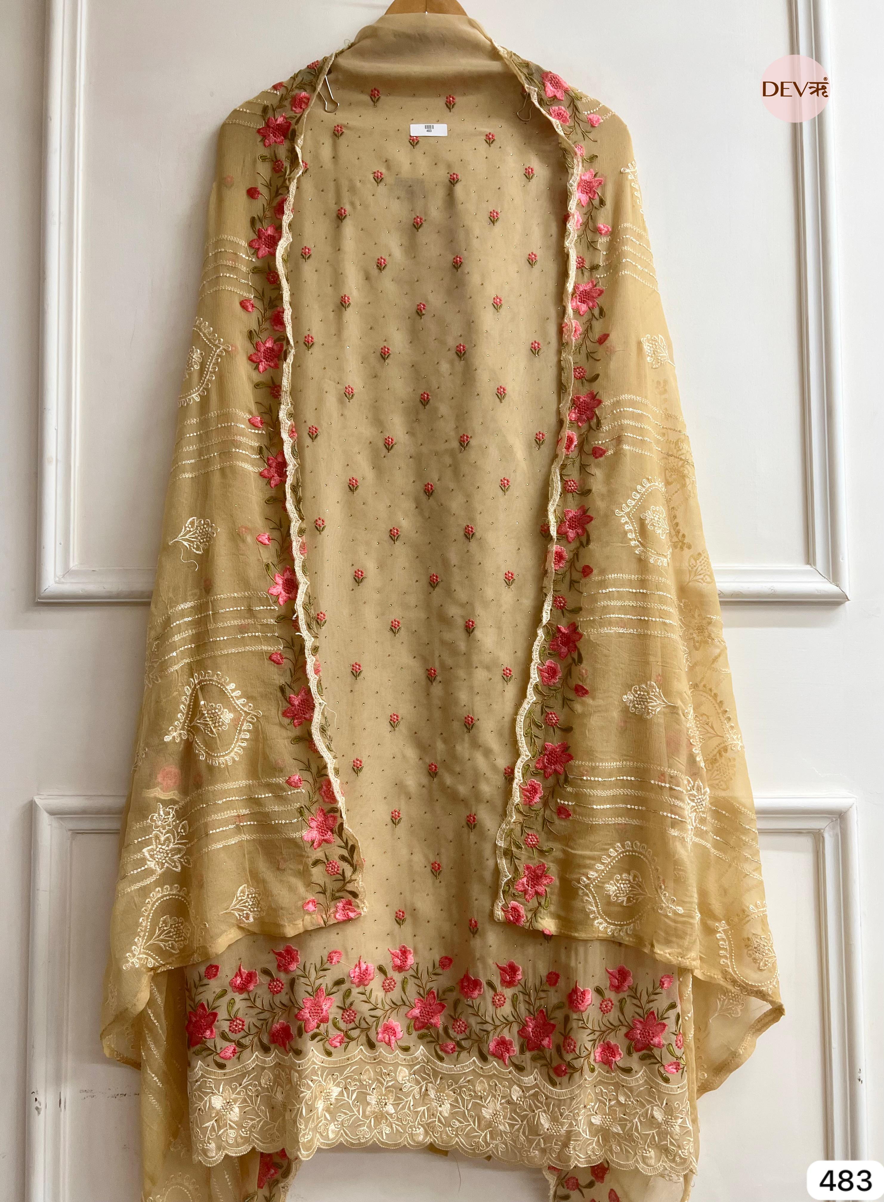 Beige Organza Embroidered Unstitched 3-Piece Suit (Devri – D.No 483)
