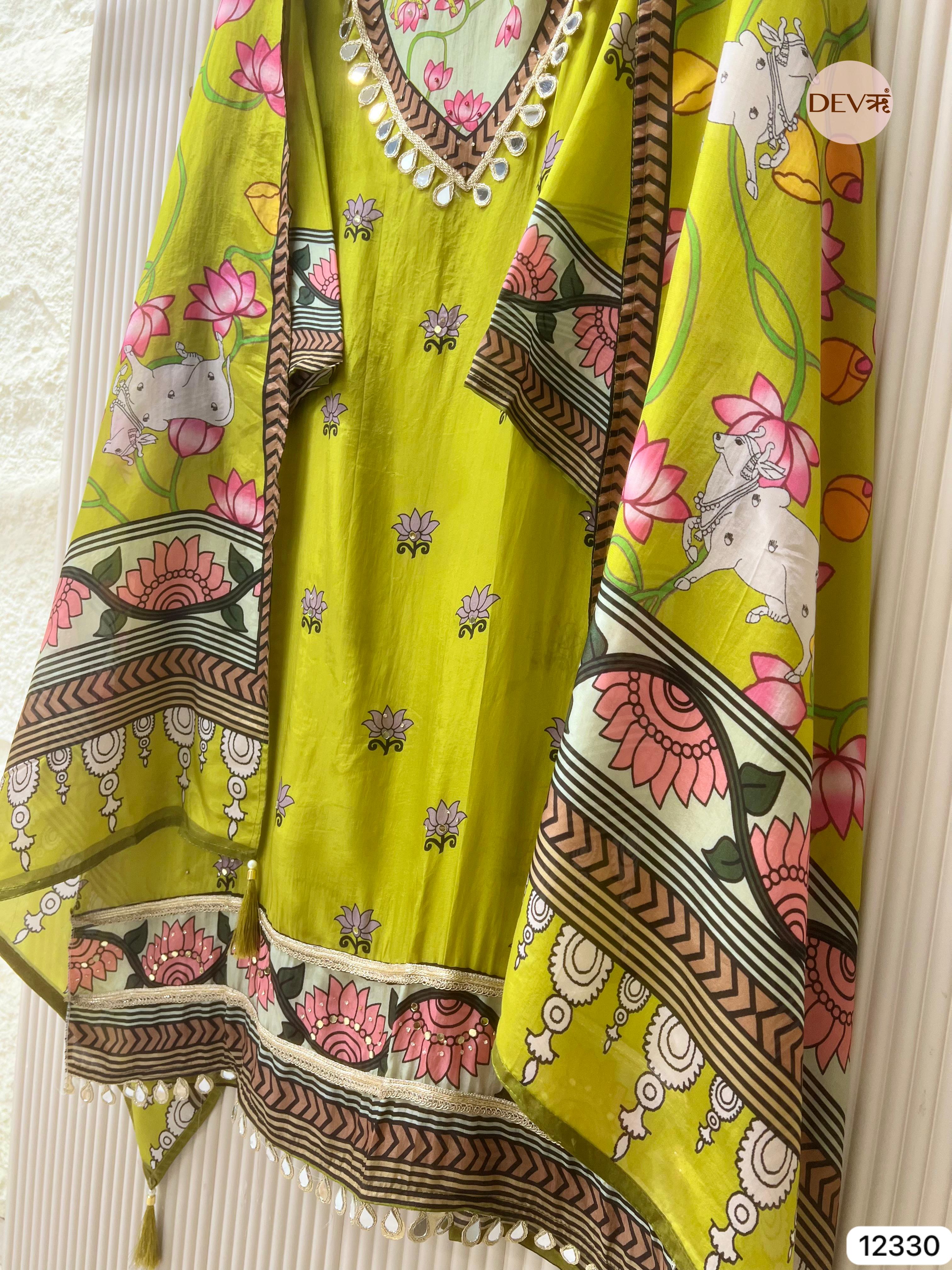 Lime Green Organza Silk Printed Unstitched 3-Piece Suit (Devri – D.No 12330)