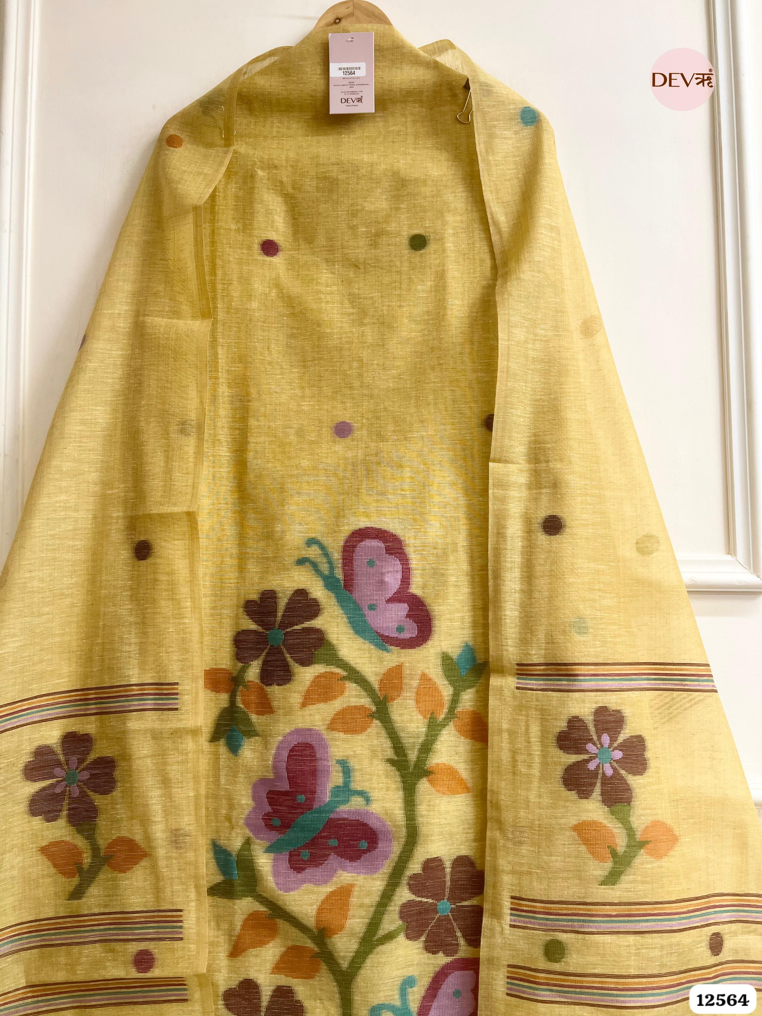 Yellow Linen Printed Unstitched 3-Piece Suit (Devri – D.No 12564)