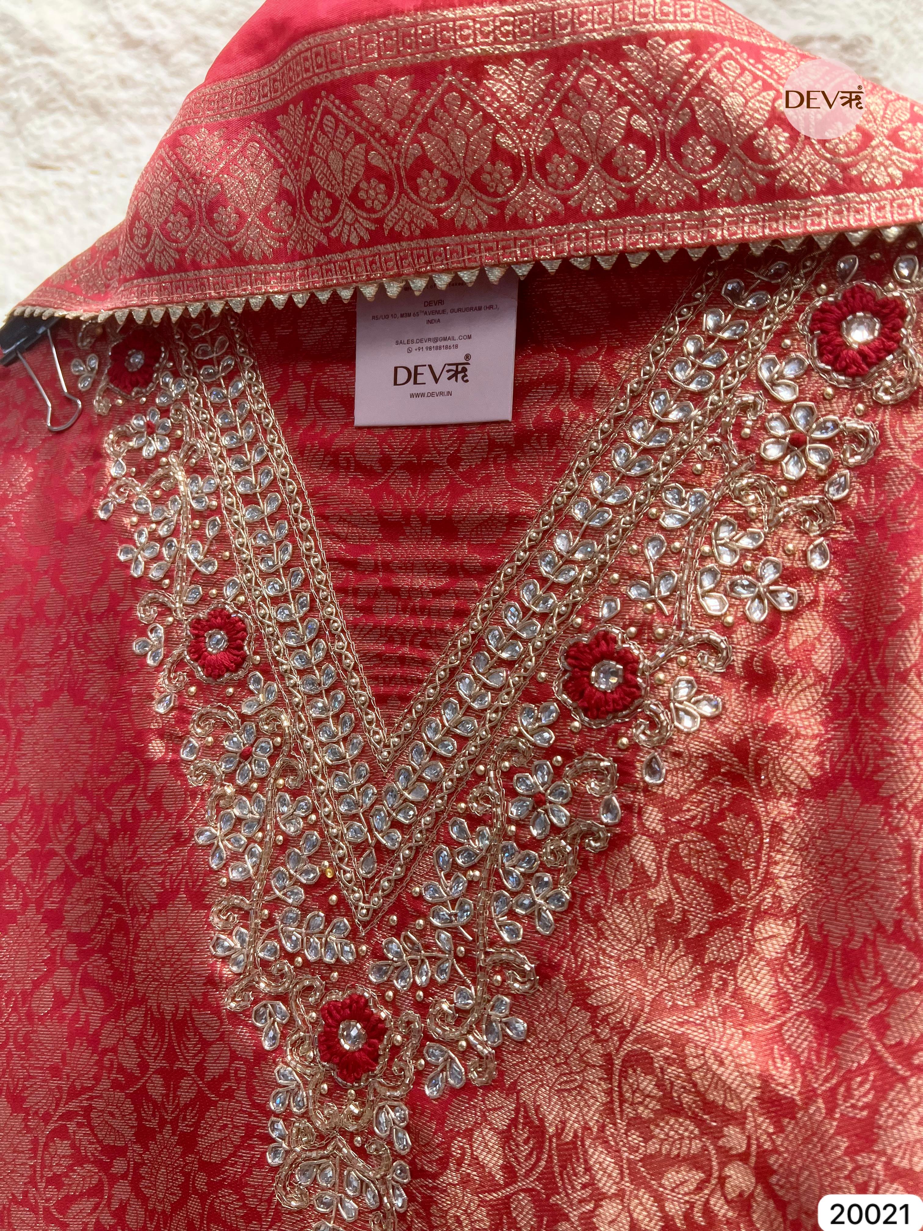 Coral Pink Tissue Jacquard Embroidered Unstitched 3-Piece Suit (Devri – D.No 20021)