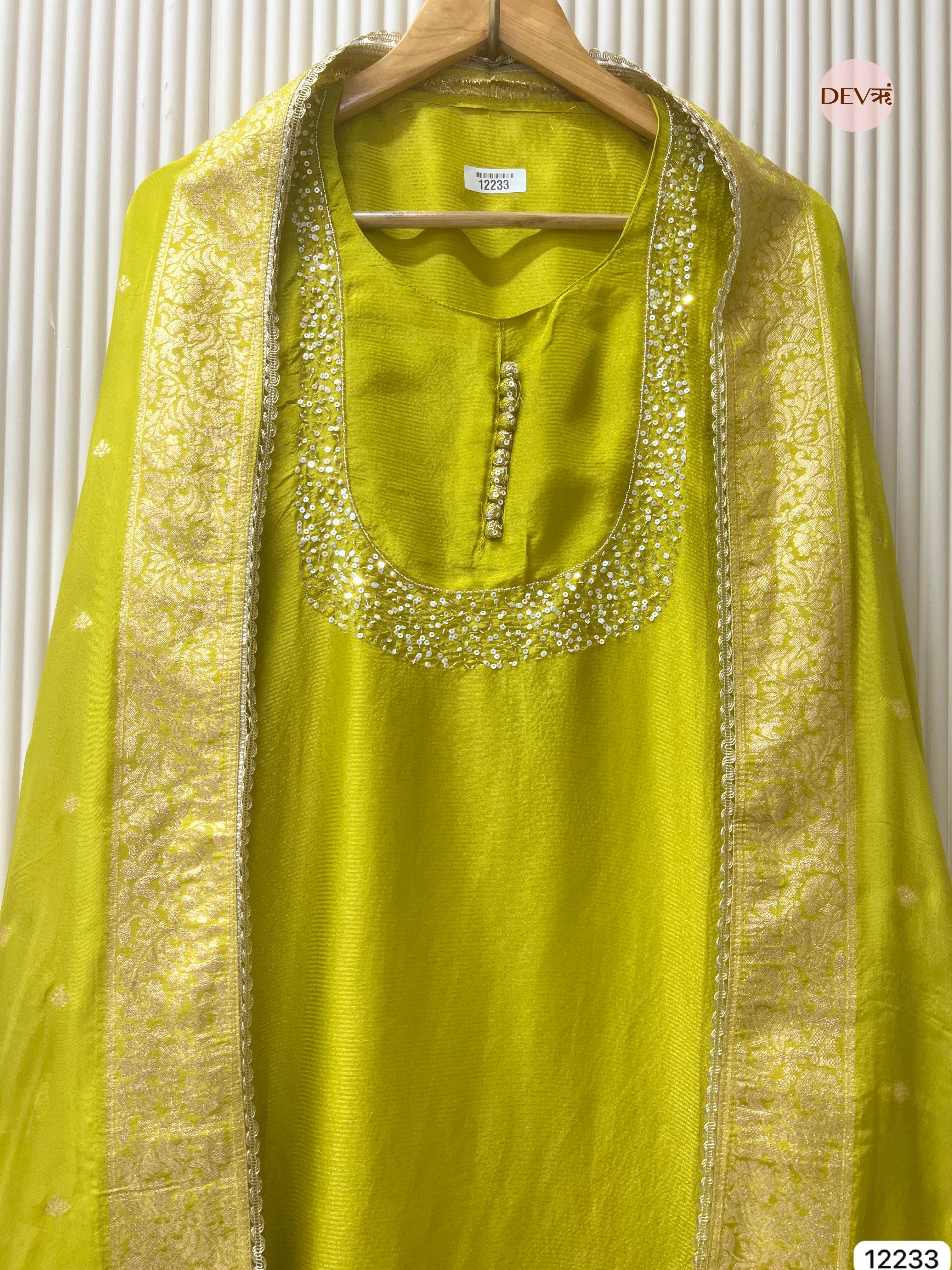 Lime Tissue Shimmer Silk Embroidered Unstitched 3-Piece Suit (Devri – D.No 12233)