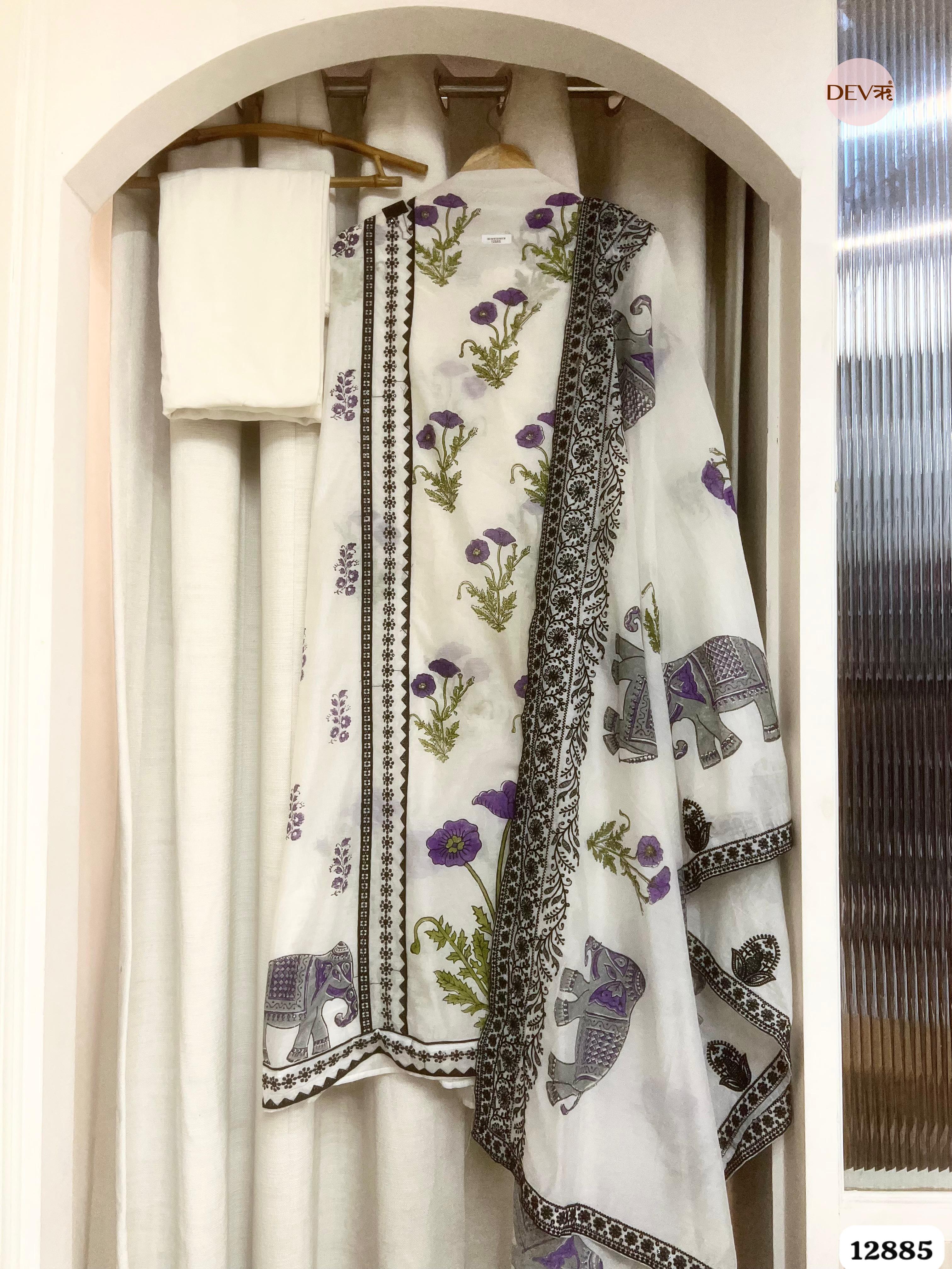 White Mul Chanderi Printed Unstitched 3-Piece Suit (Devri – D.No 12885)