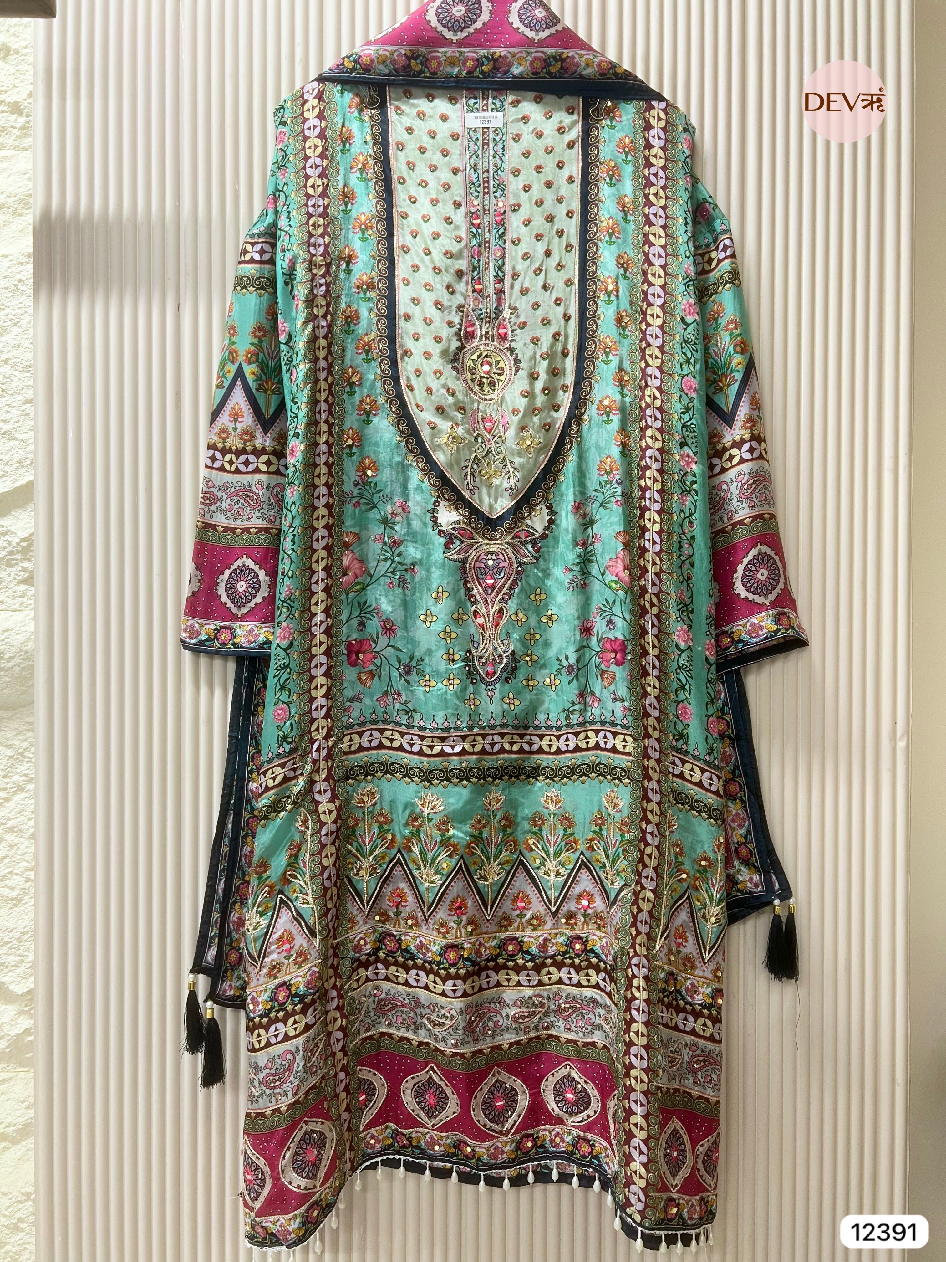 Mint Green Muslin Printed Unstitched 3-Piece Suit (Devri – D.No 12391)