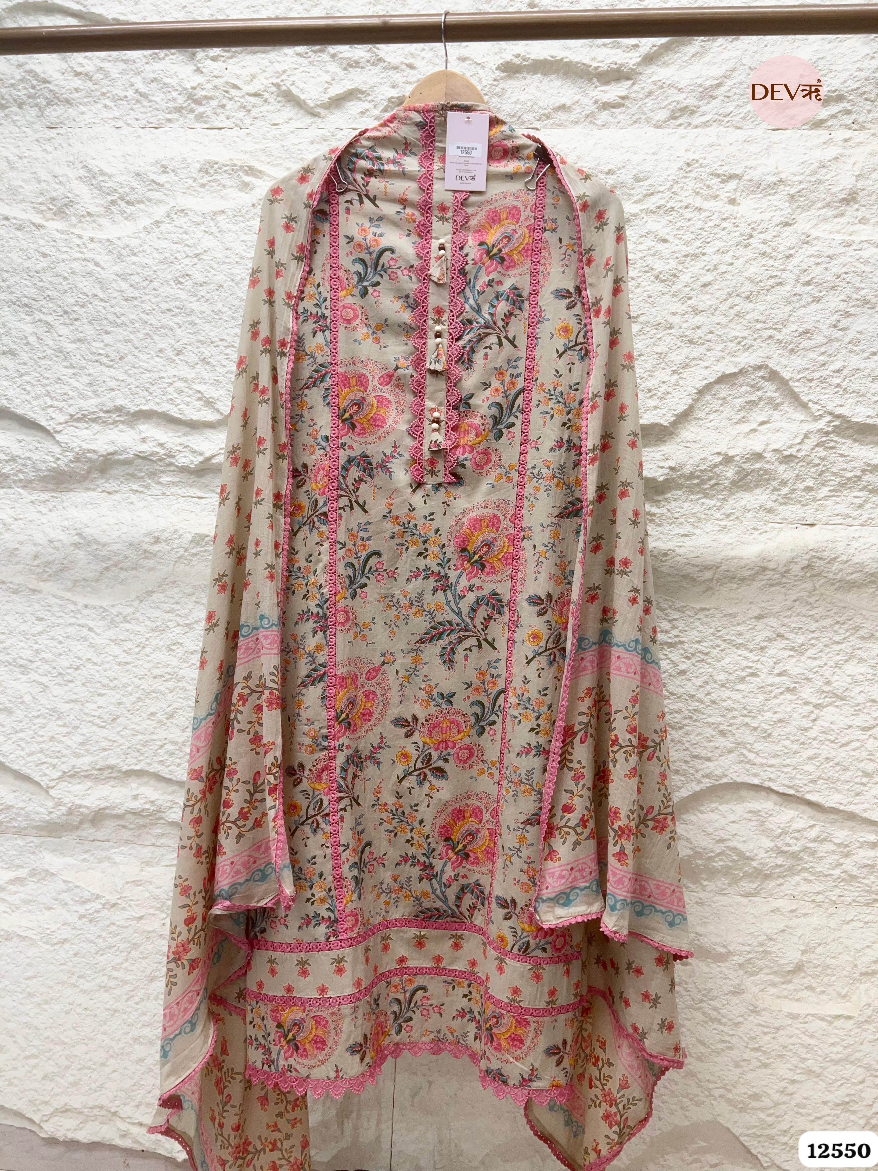 Beige Pure Cotton Floral Printed Unstitched 3-Piece Suit (Devri – D.No 12550)