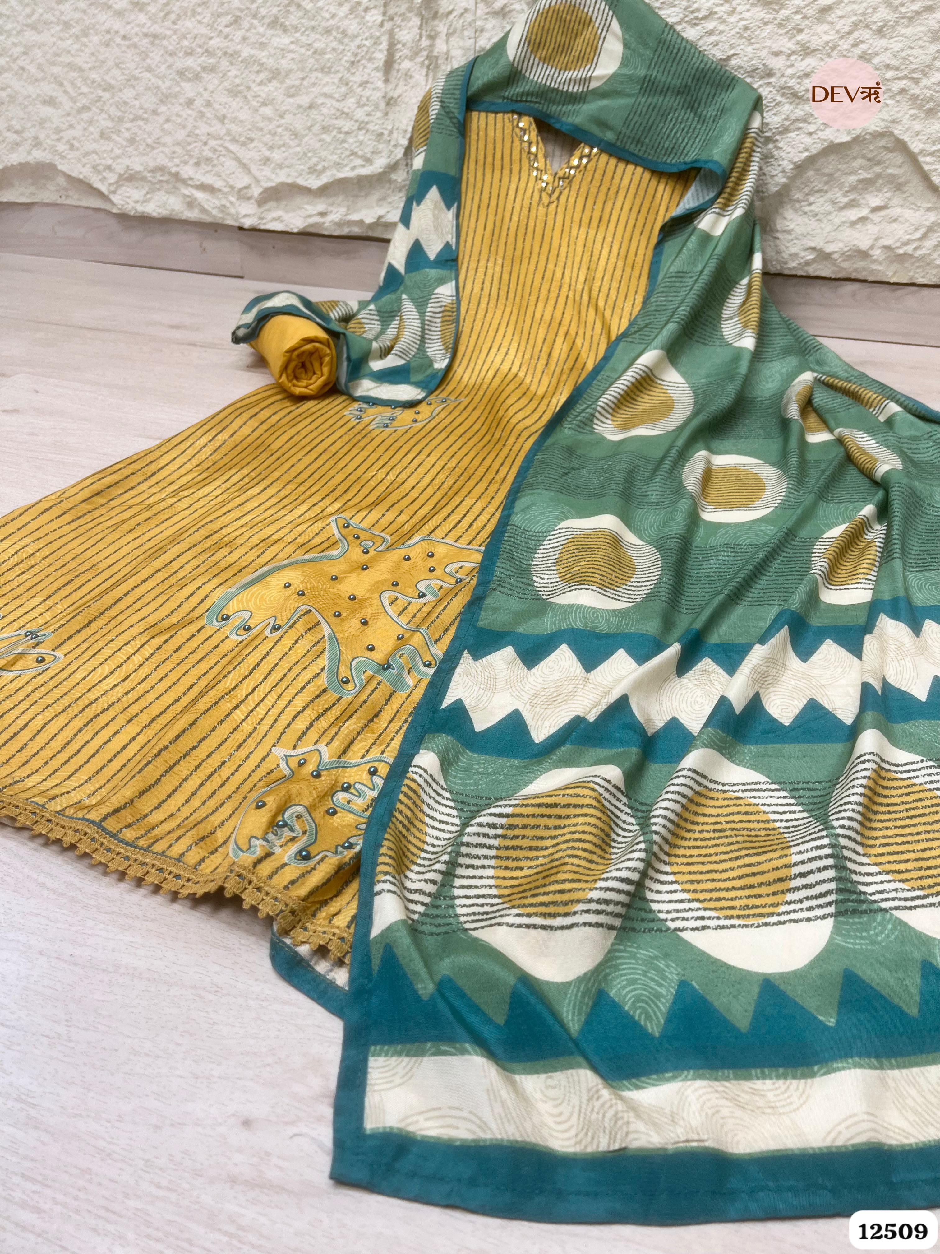 Mustard Muslin Printed Unstitched 3-Piece Suit (Devri – D.No 12509)