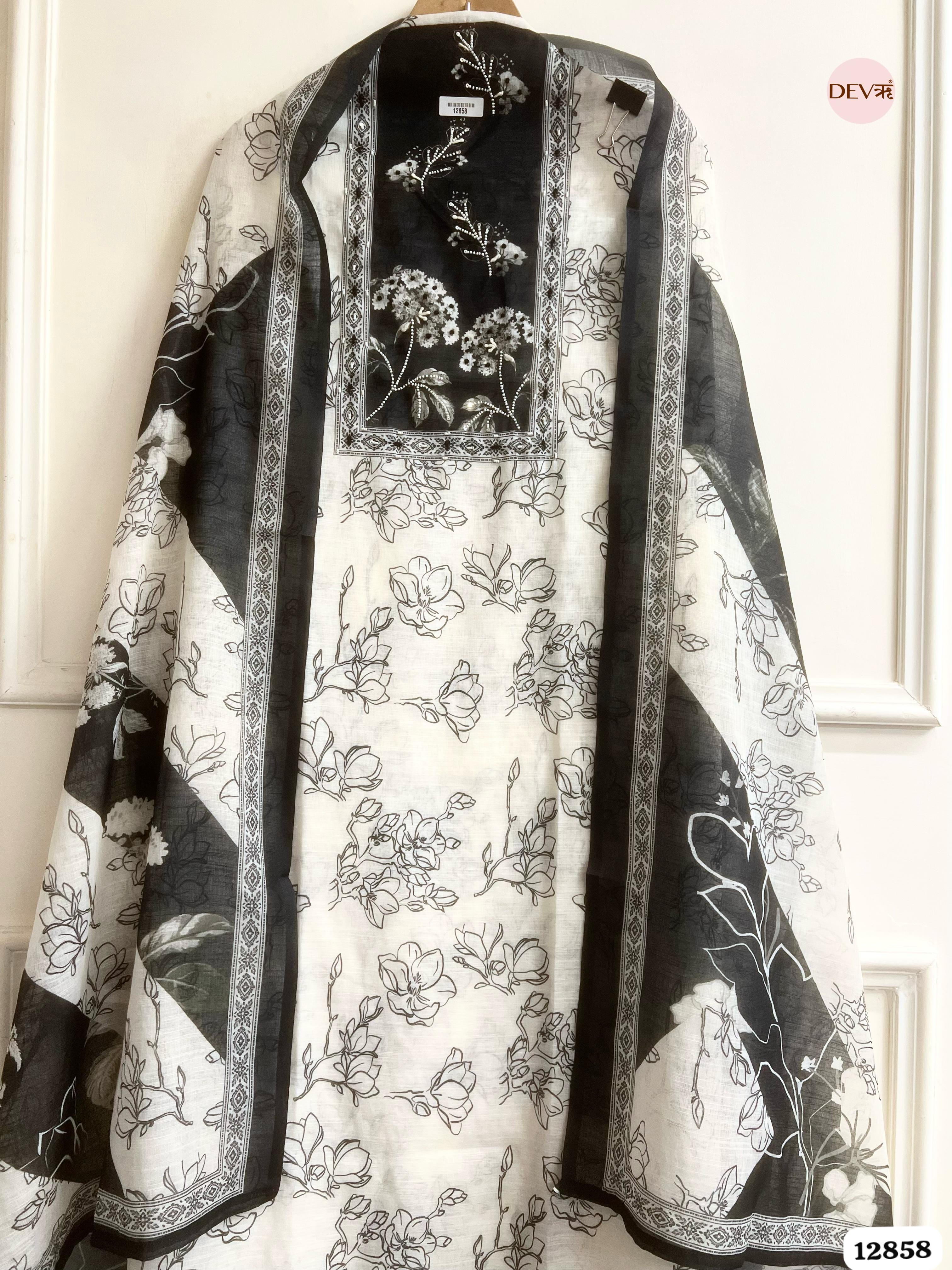 White Linen Cotton Printed Unstitched 3-Piece Suit (Devri – D.No 12858)