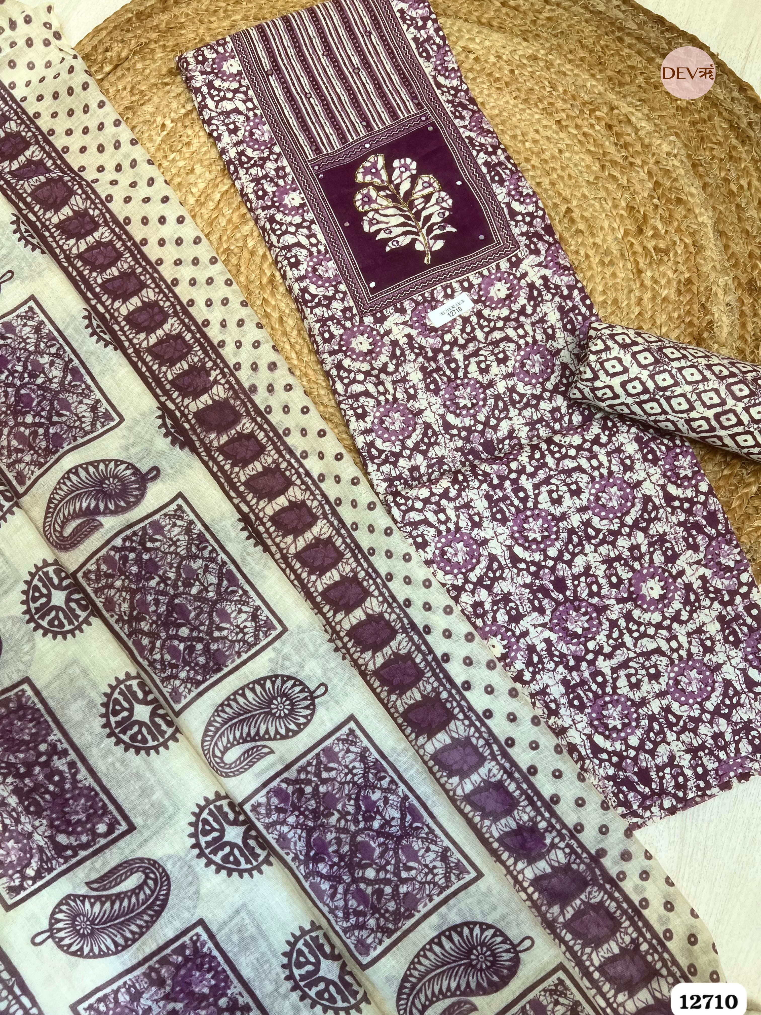 Purple Cotton Printed Unstitched 3-Piece Suit (Devri – D.No 12710)