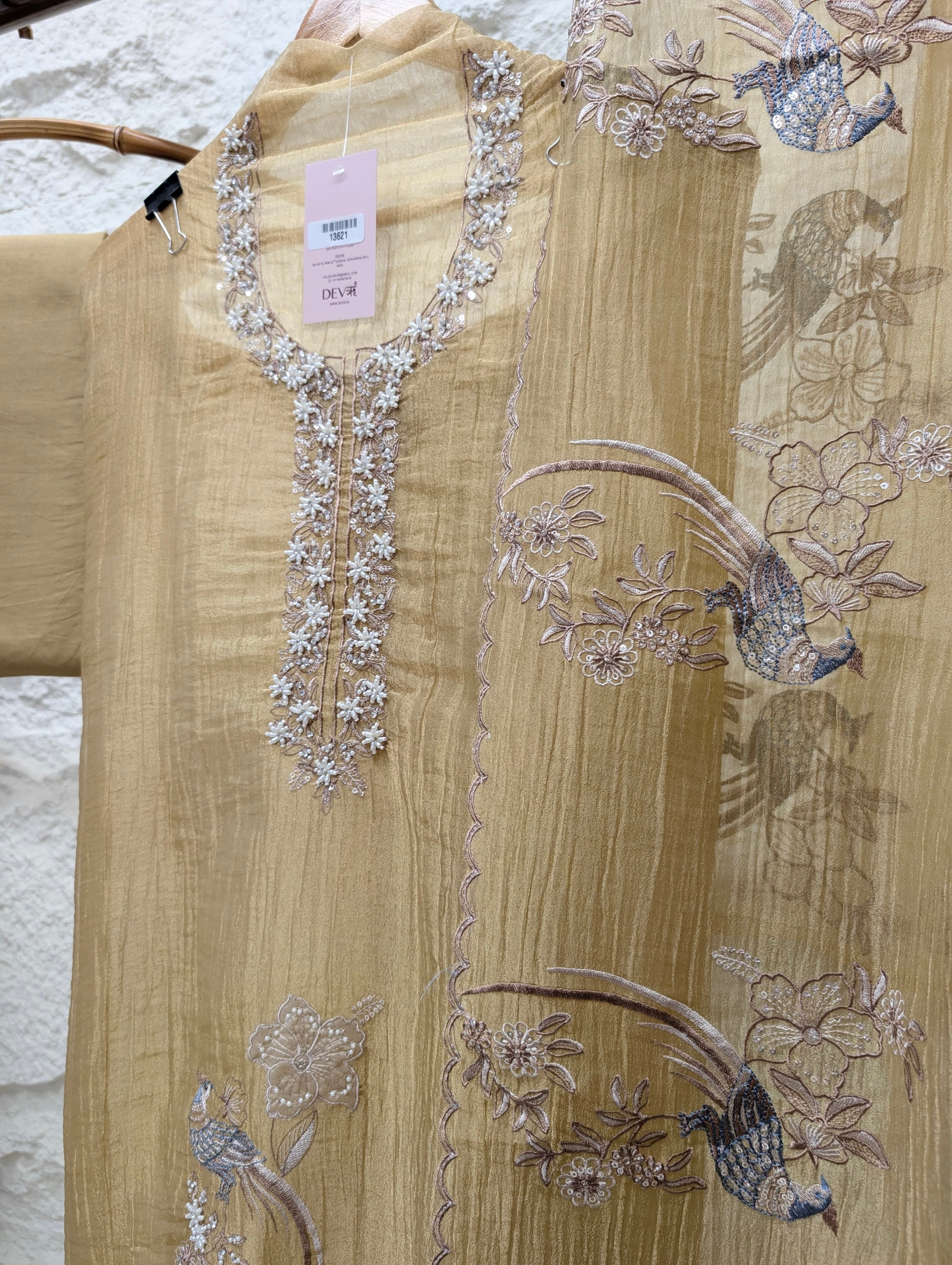 Beige Tissue Crush Silk Embroidered Unstitched 3-Piece Suit (Devri – D.No 13621)