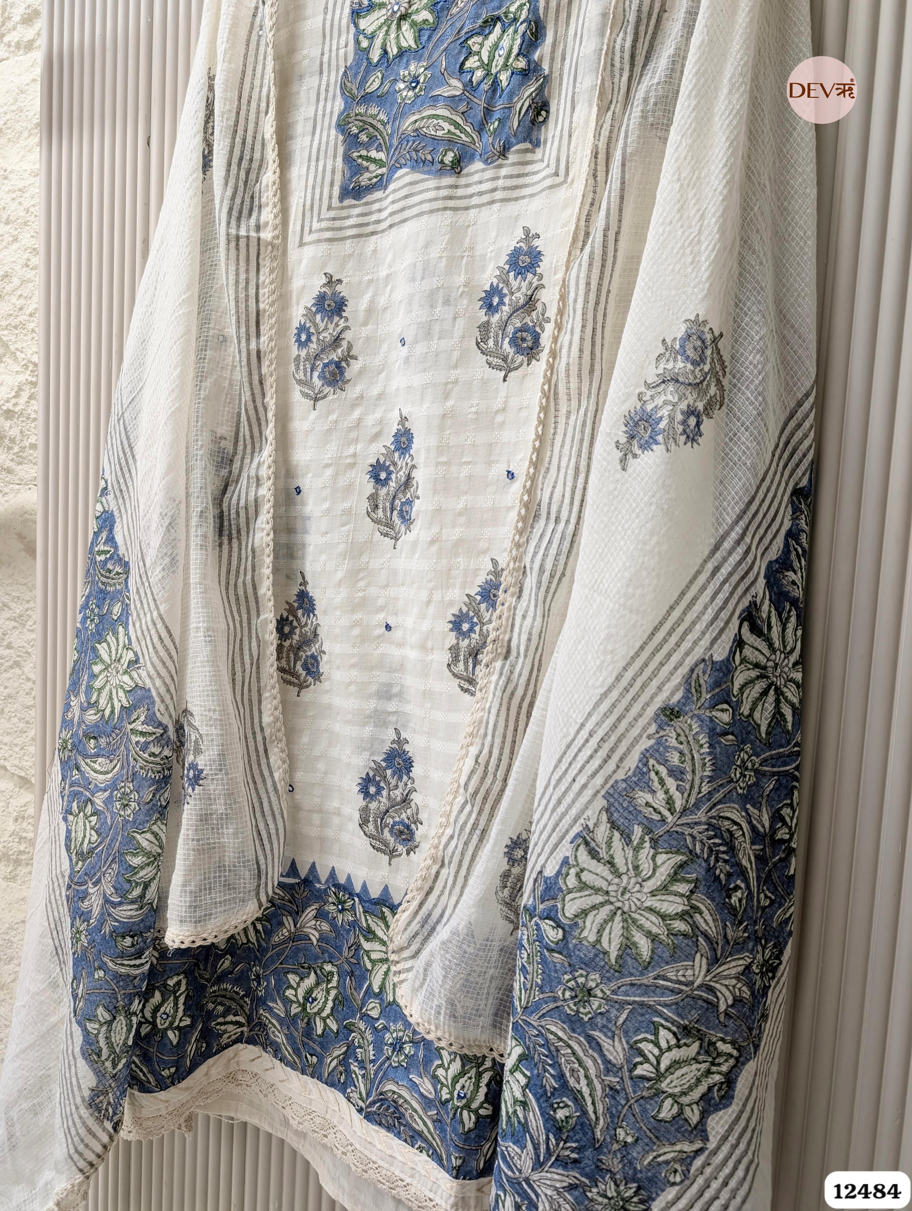 White & Blue Pure Cotton Printed Unstitched 3-Piece Suit (Devri – D.No 12484)