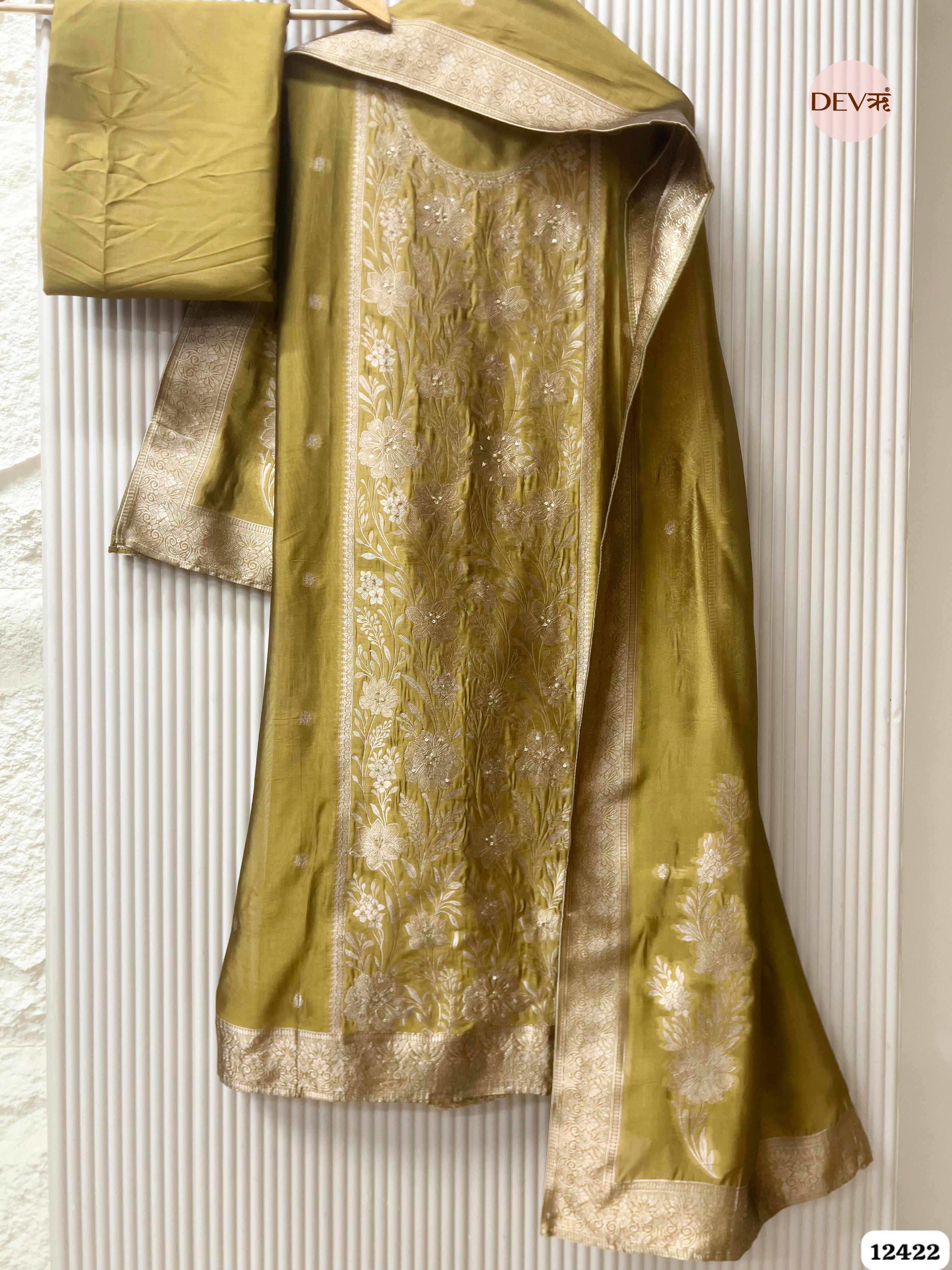 Olive Banarasi Silk Embroidered Unstitched 3-Piece Suit (Devri – D.No.12422 )