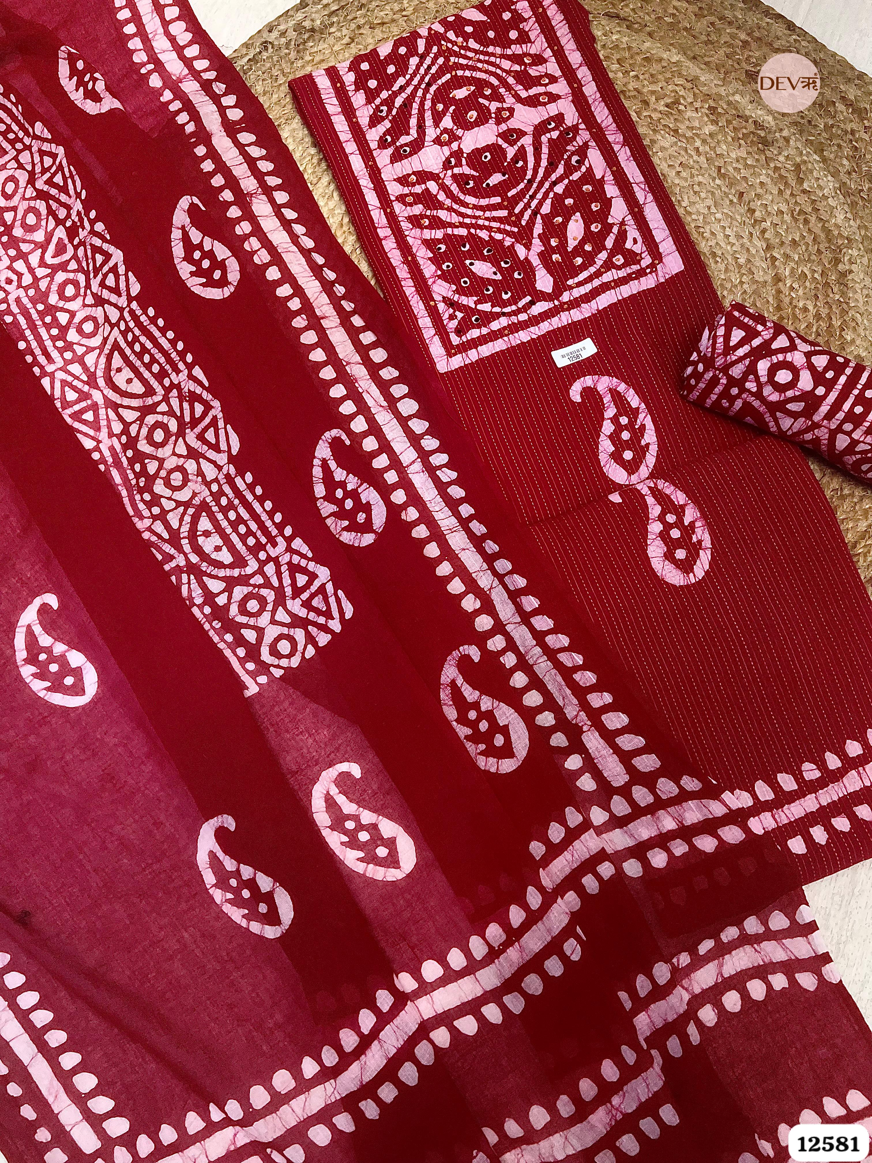 Red Cotton Batik Printed Unstitched 3-Piece Suit (Devri – D.No 12581)