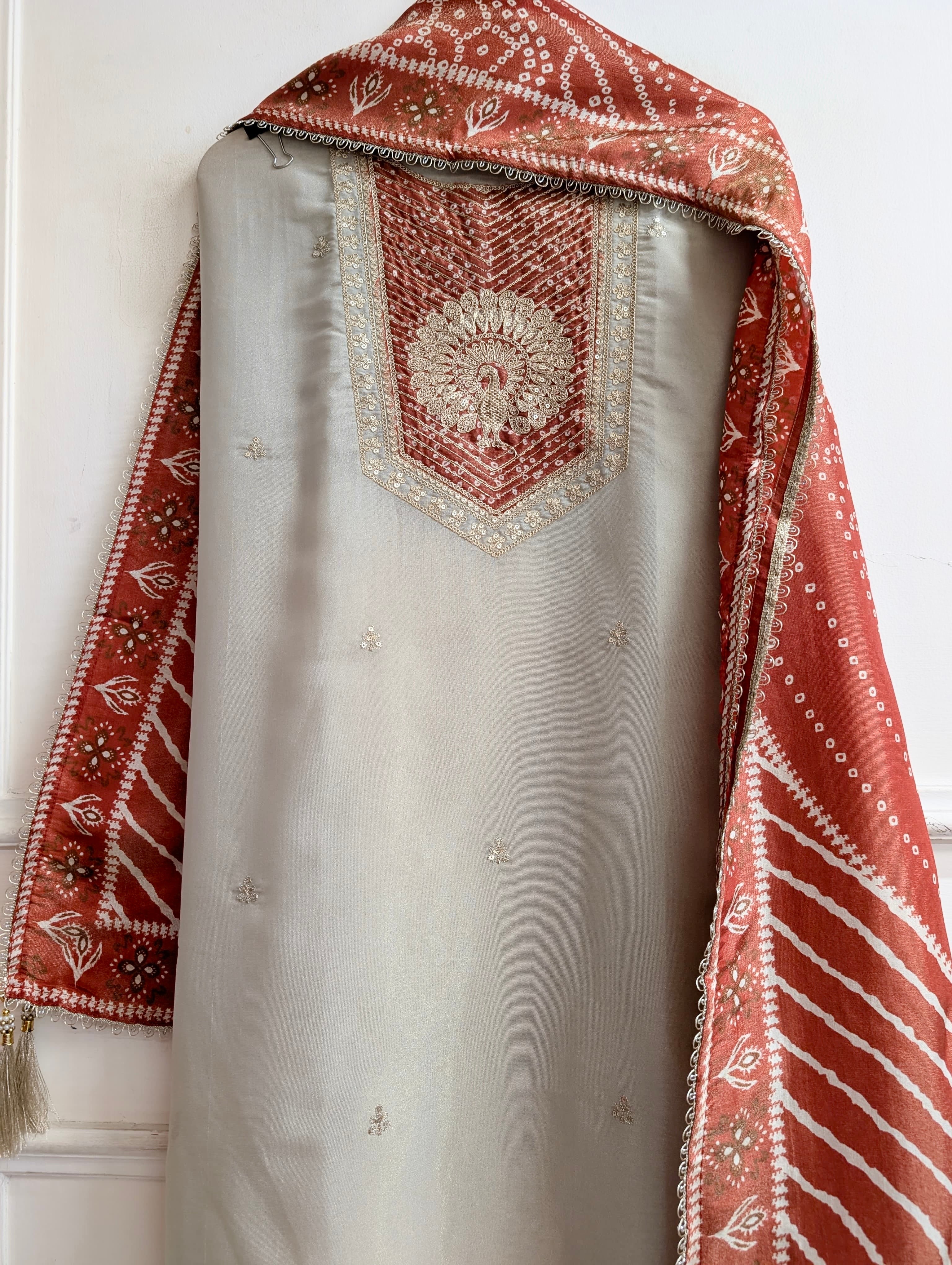 Beige Tissue Silk Embroidered Unstitched 3-Piece Suit (Devri – D.No 13738)