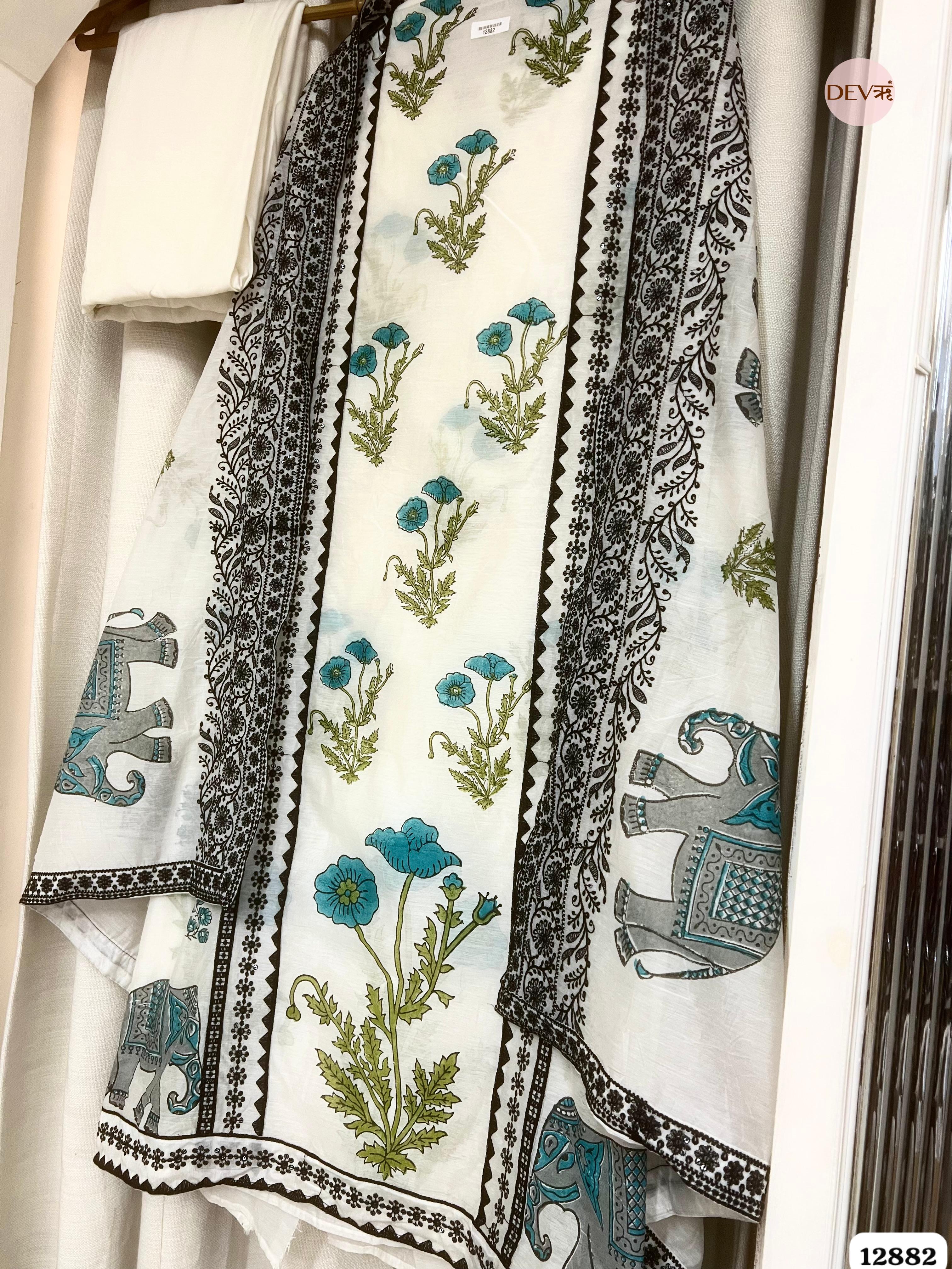 White Mul Chanderi Printed Unstitched 3-Piece Suit (Devri – D.No 12882)