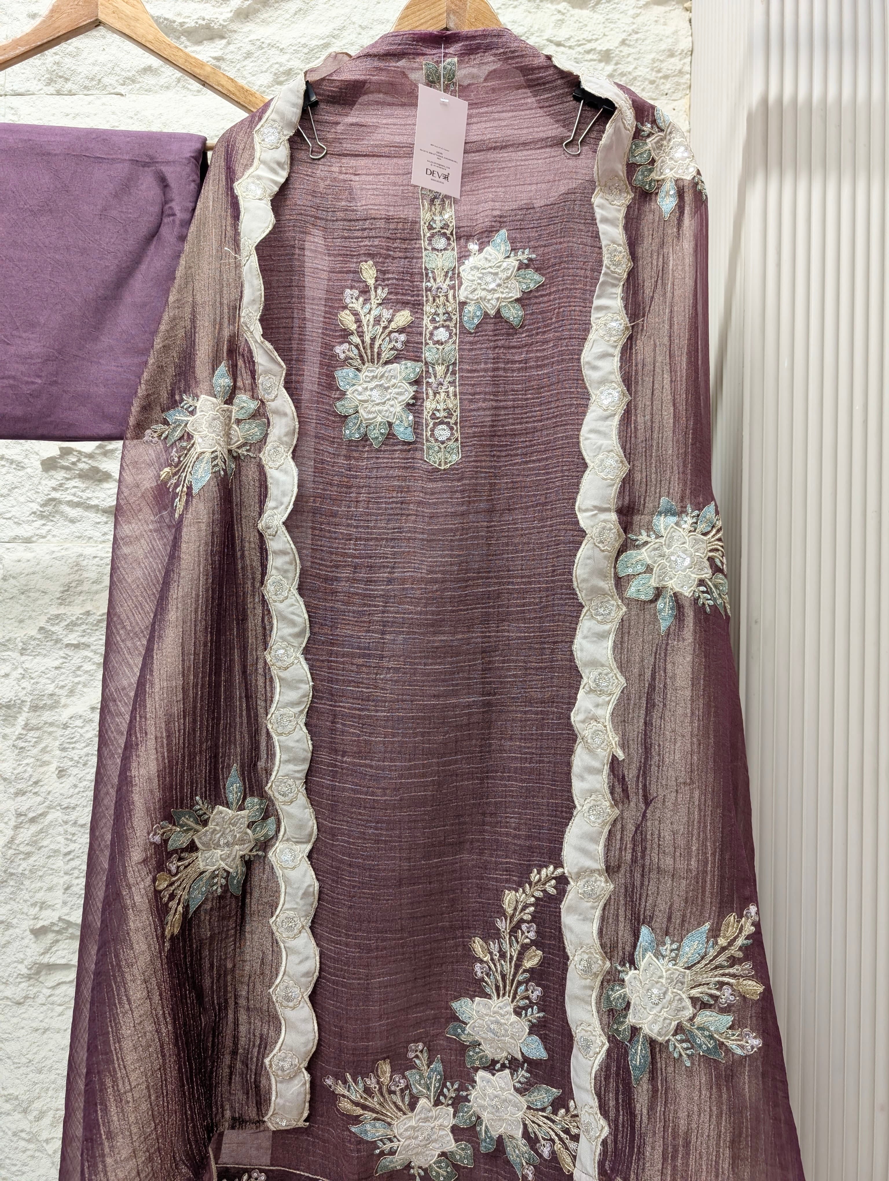 Purple Tissue Crush Silk Embroidered Unstitched 3-Piece Suit (Devri – D.No 13757)