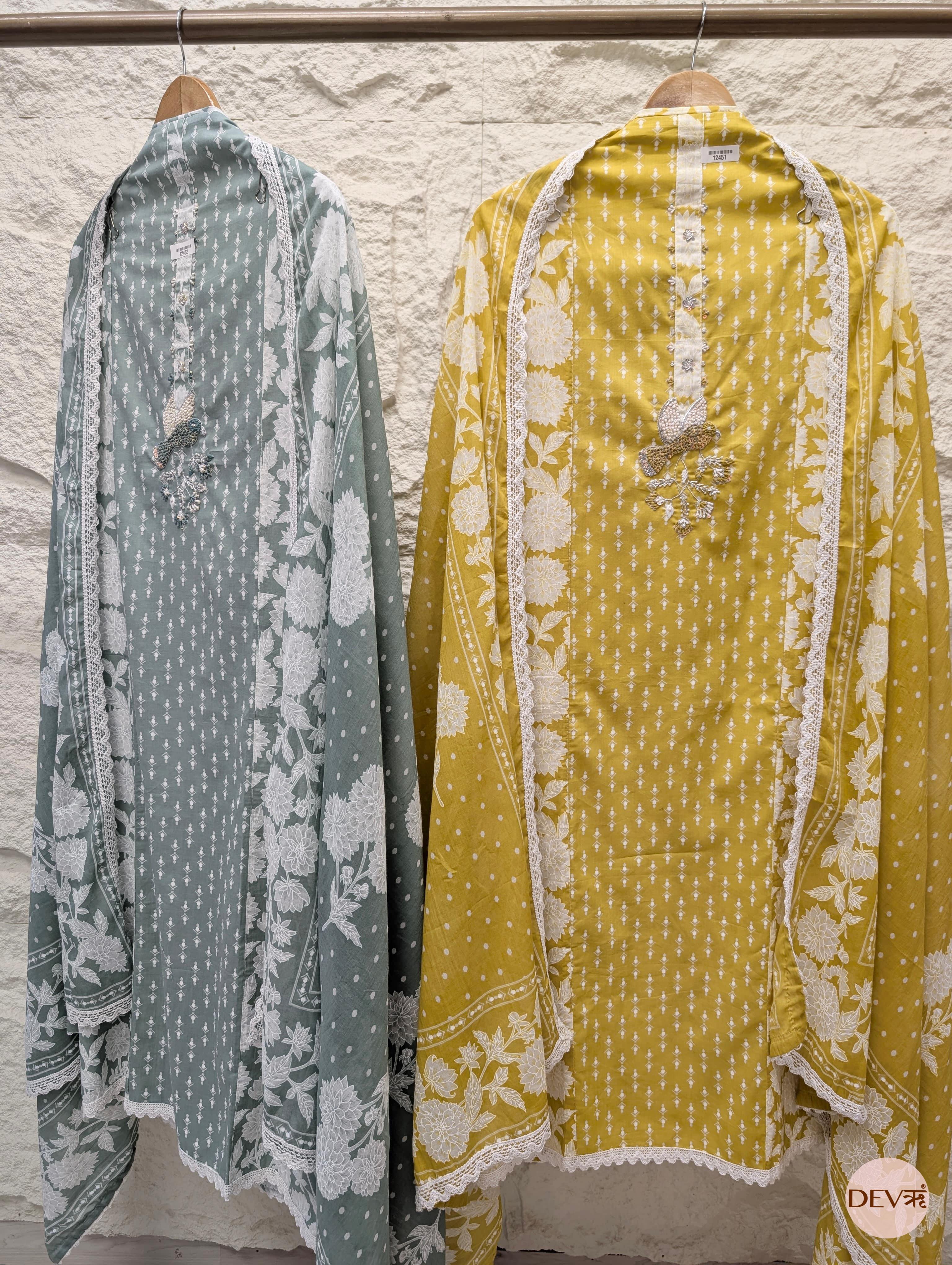 Mustard Yellow Pure Cotton Printed & Embroidered Unstitched 3-Piece Suit (Devri – D.No 12451)