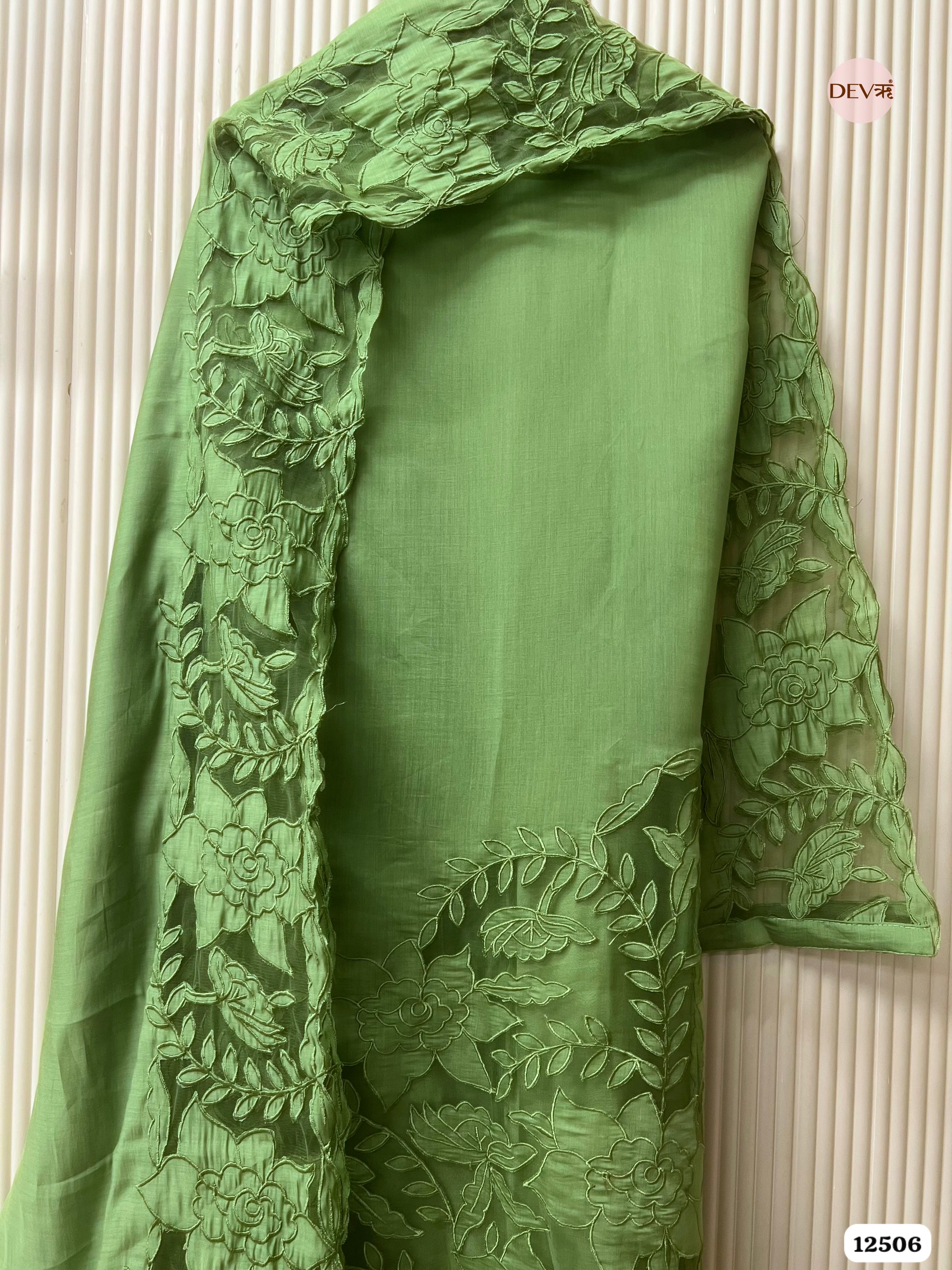 Sage Green Modal Silk Embroidered Unstitched 3-Piece Suit (Devri – D.No 12506)
