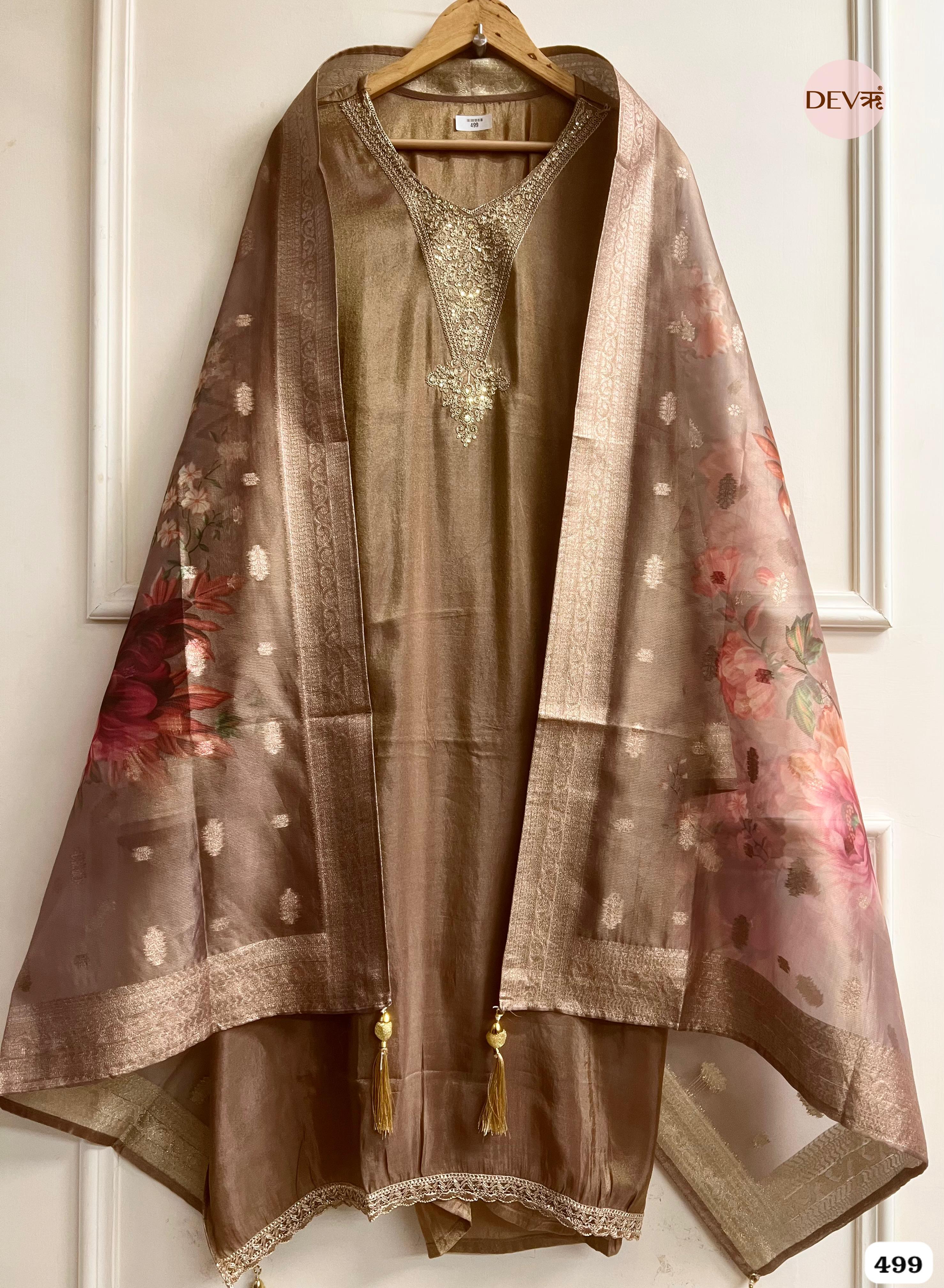 Bronze Tissue Silk Embroidered Unstitched 3-Piece Suit (Devri – D.No 499)