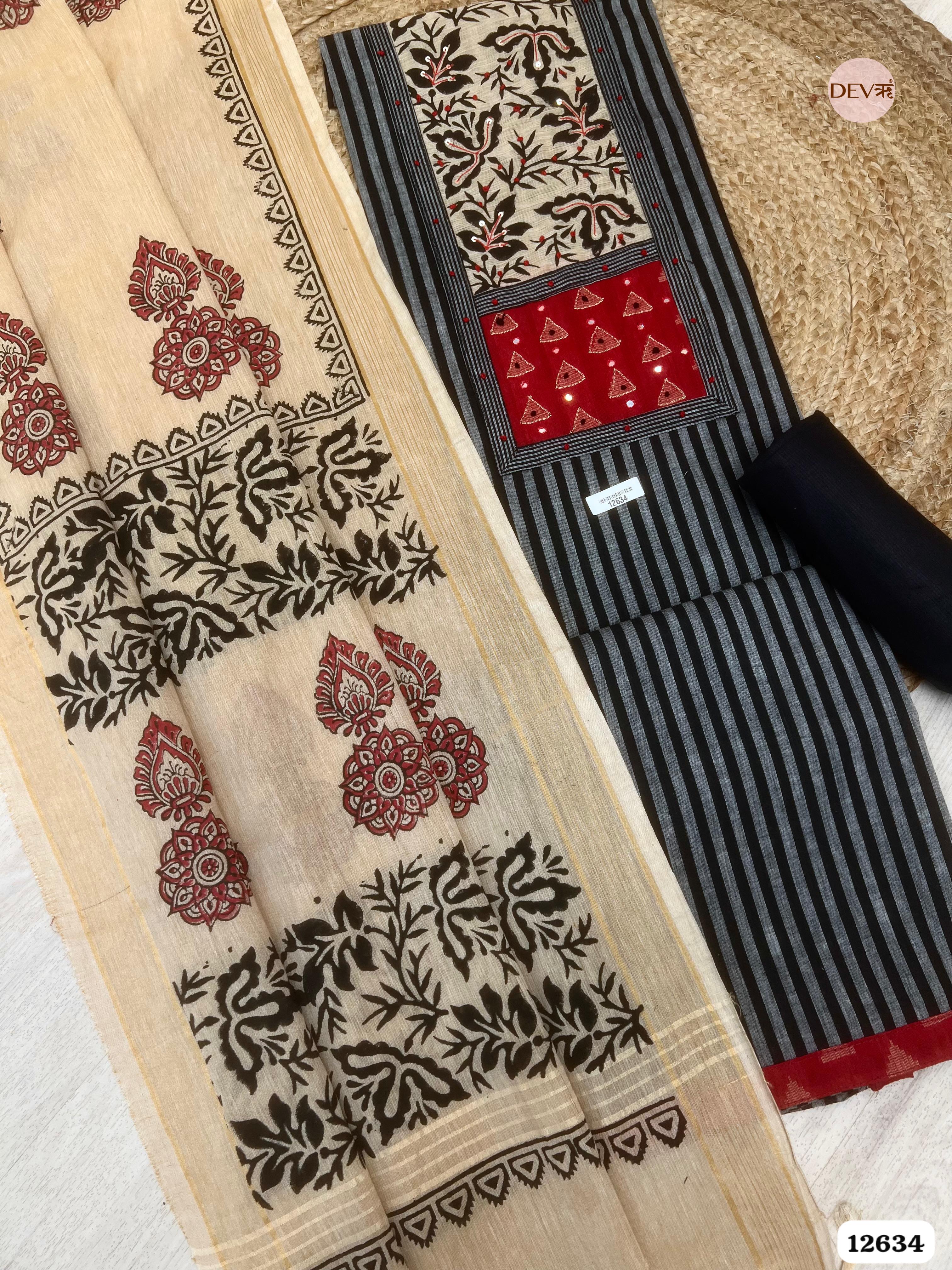 Black Cotton Printed Unstitched 3-Piece Suit (Devri – D.No 12634)