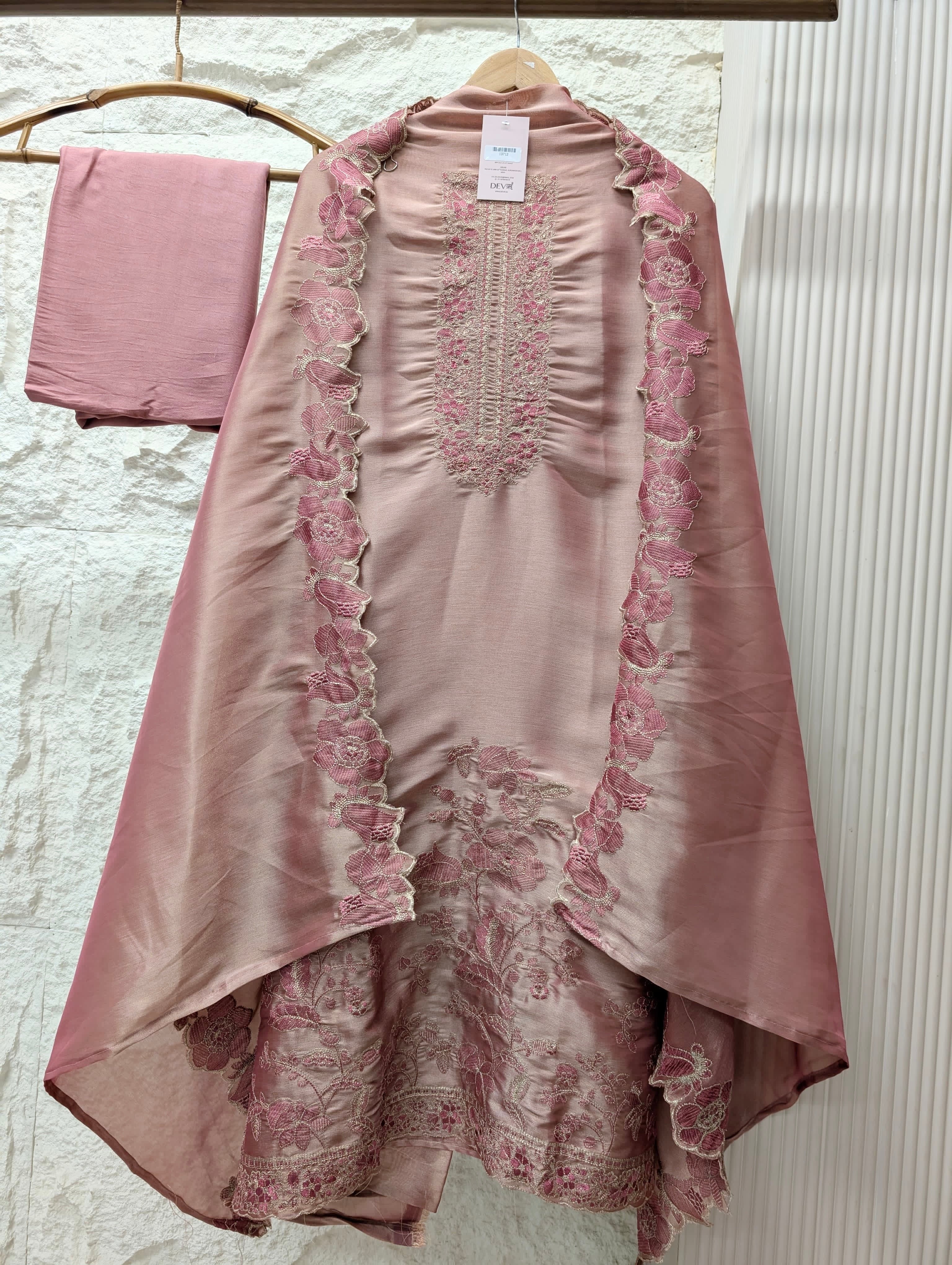Pink Silk Blend Embroidered Unstitched 3-Piece Suit (Devri – D.No 13712)