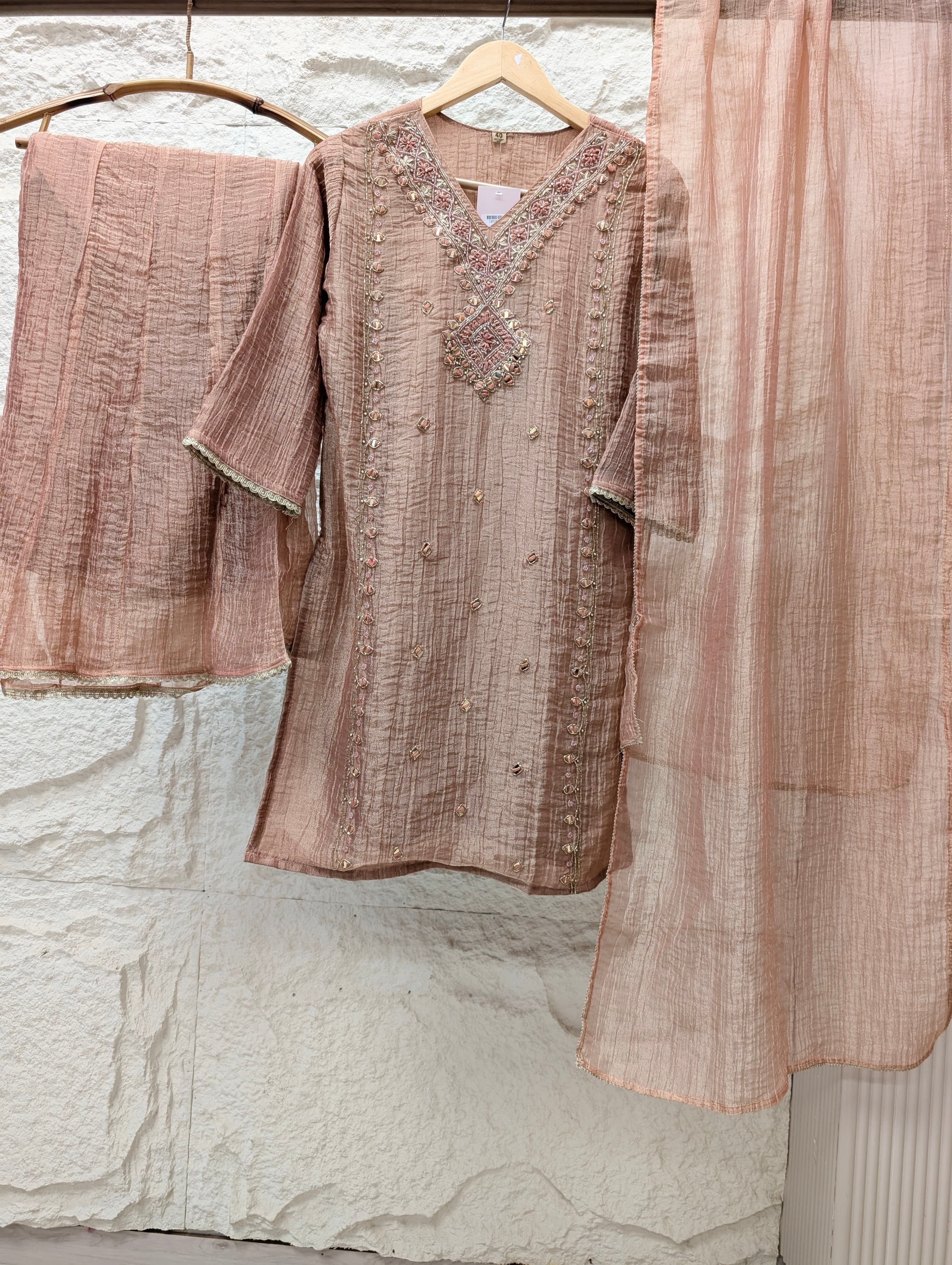 Gulnaar Tissue silk Embroidered Blush Pink 3-Piece Set (Devri – D.No 13715)