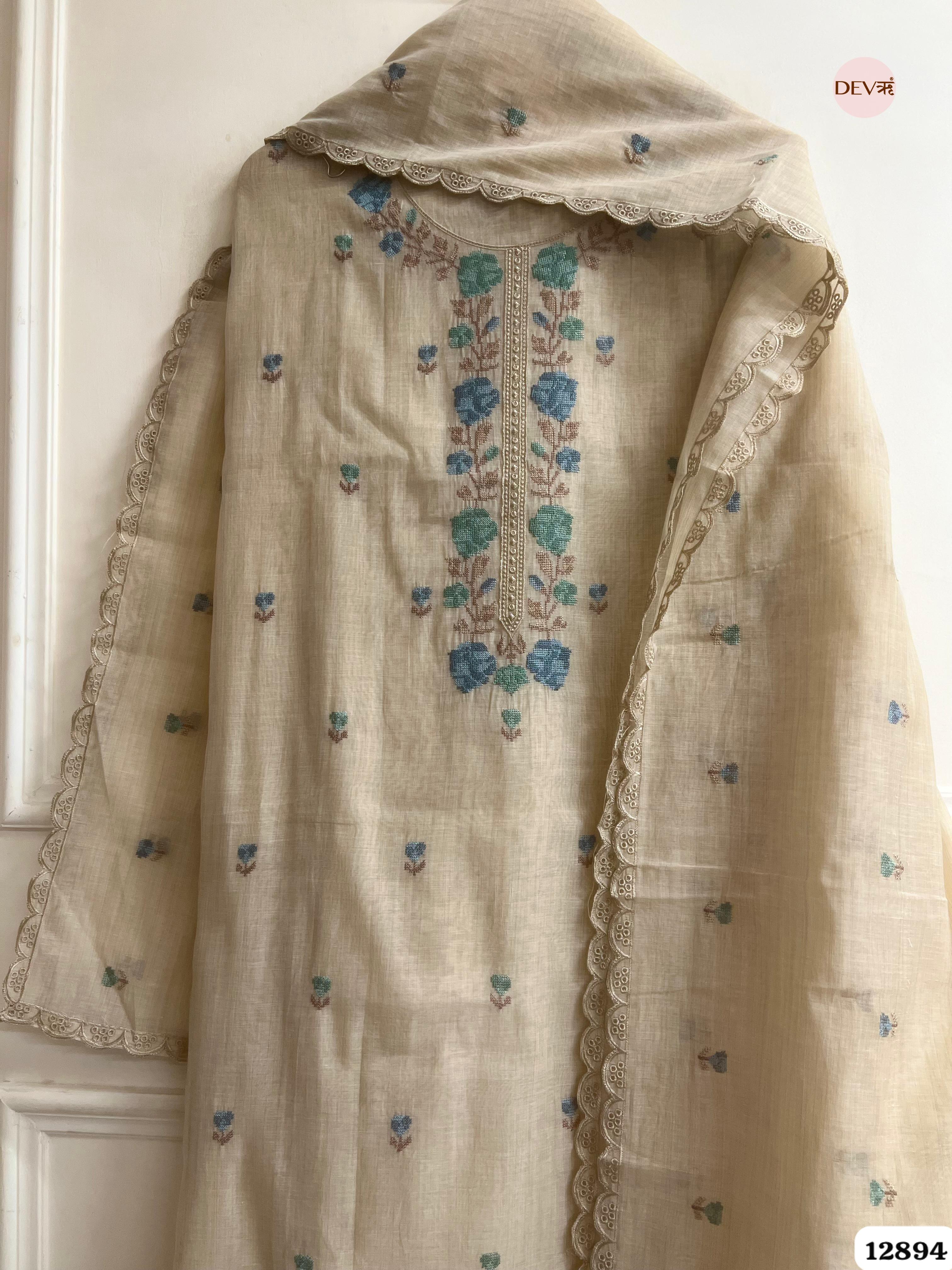 Beige Mul Chanderi Embroidered Unstitched 3-Piece Suit (Devri – D.No 12894)
