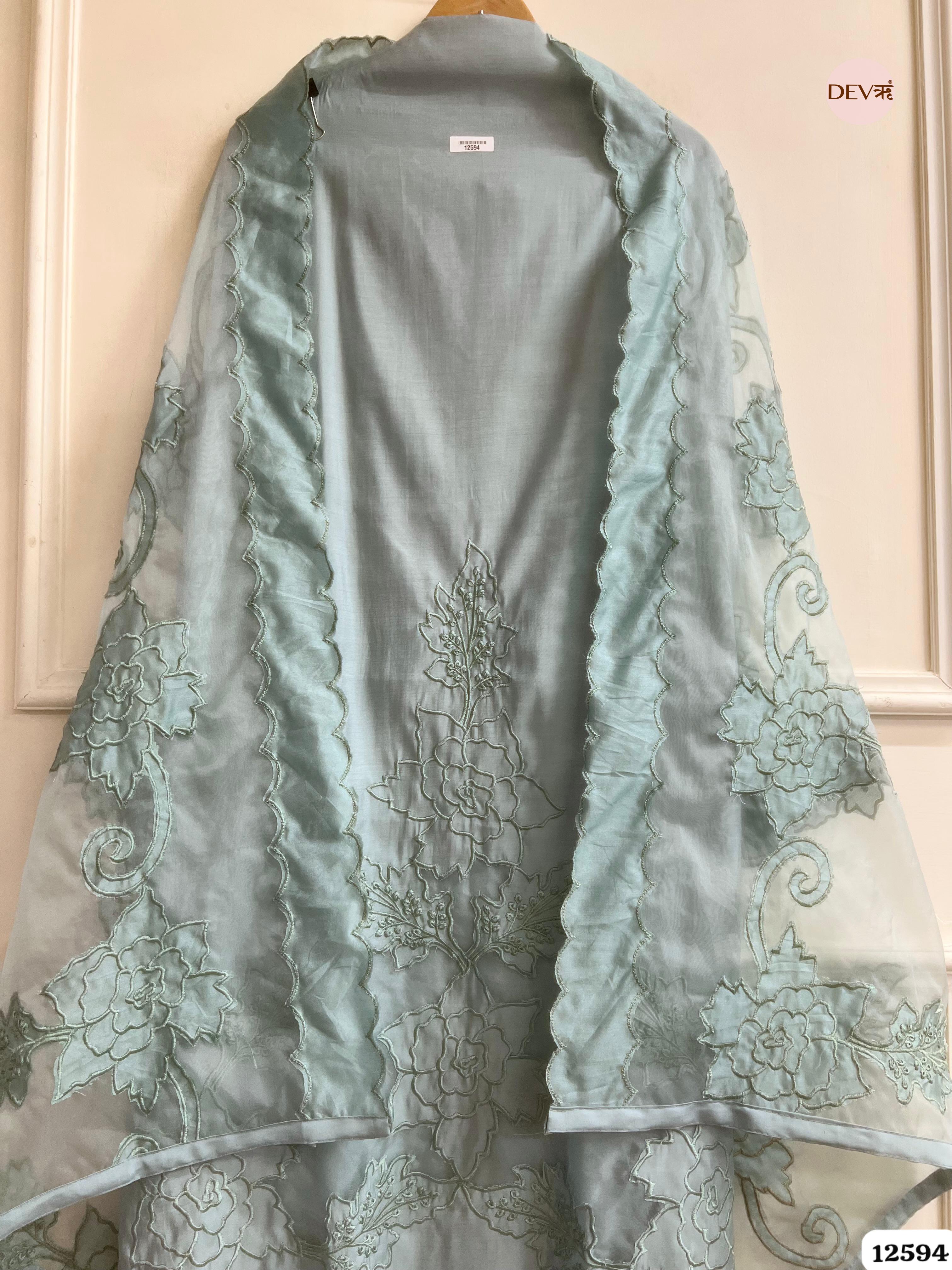 Sea Green Modal Silk Embroidered Unstitched 3-Piece Suit (Devri – D.No 12594)