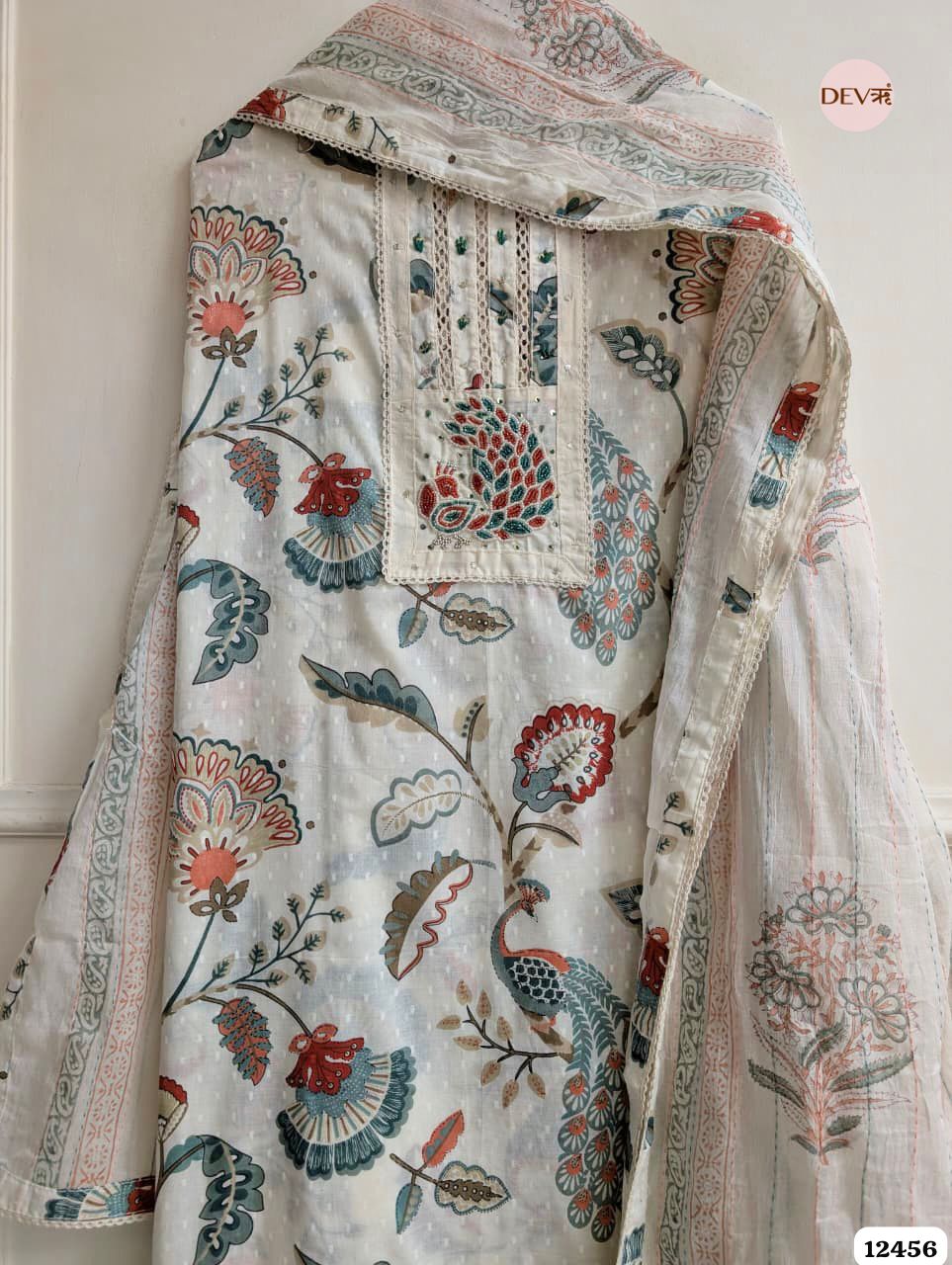 Peach & Teal Pure Cotton Printed Unstitched 3-Piece Suit (Devri – D.No. 12456)