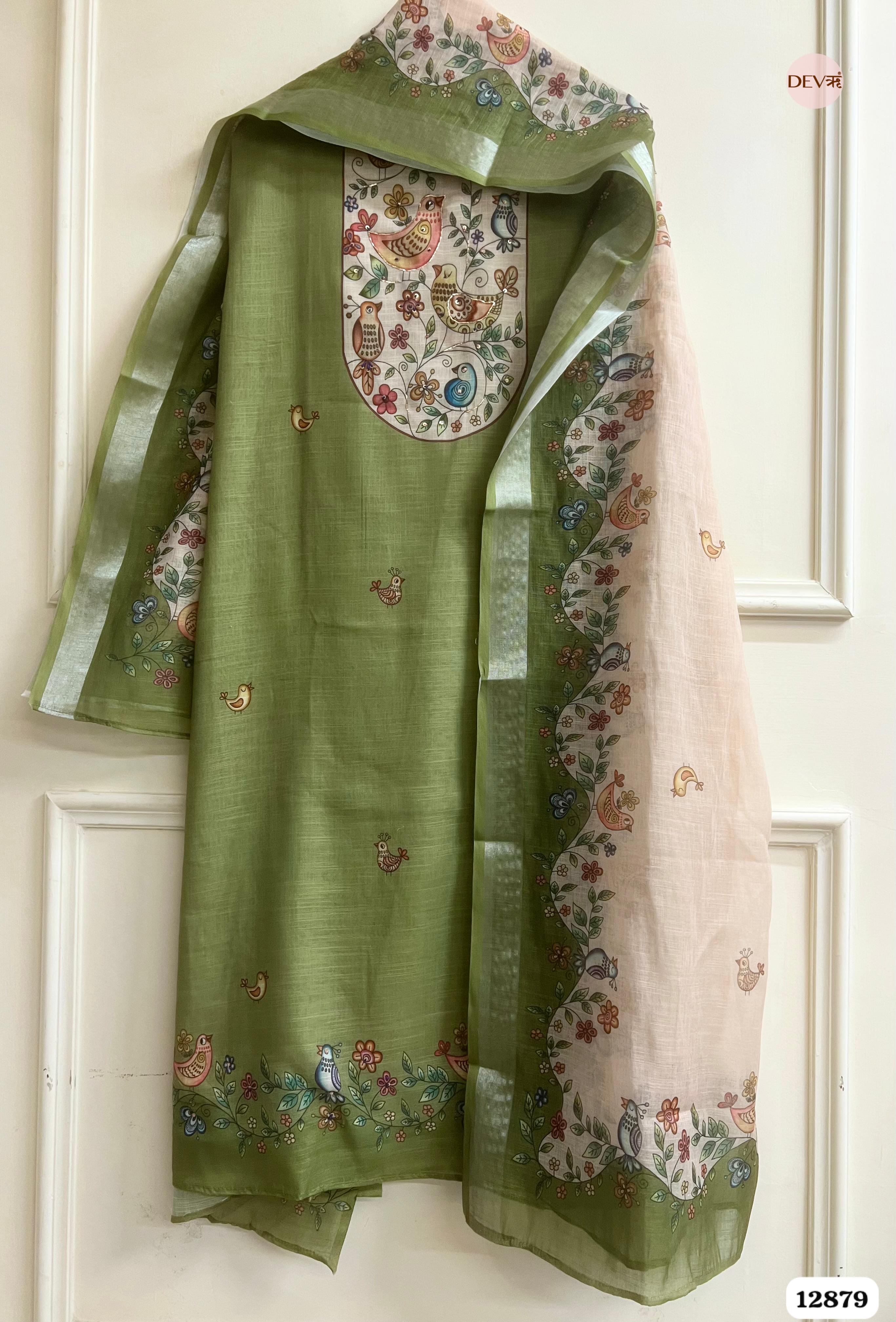 Olive Green Linen Cotton Printed Unstitched 3-Piece Suit (Devri – D.No 12879)