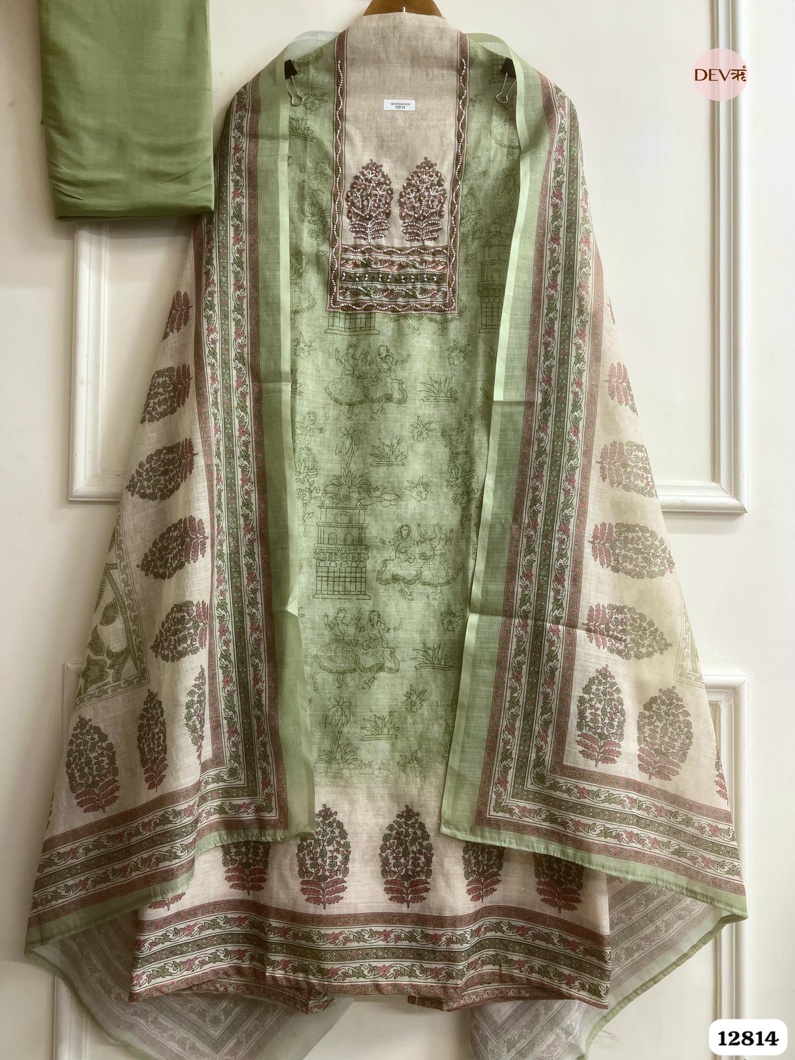 Sage Linen Cotton Printed Unstitched 3-Piece Suit (Devri – D.No 12814)