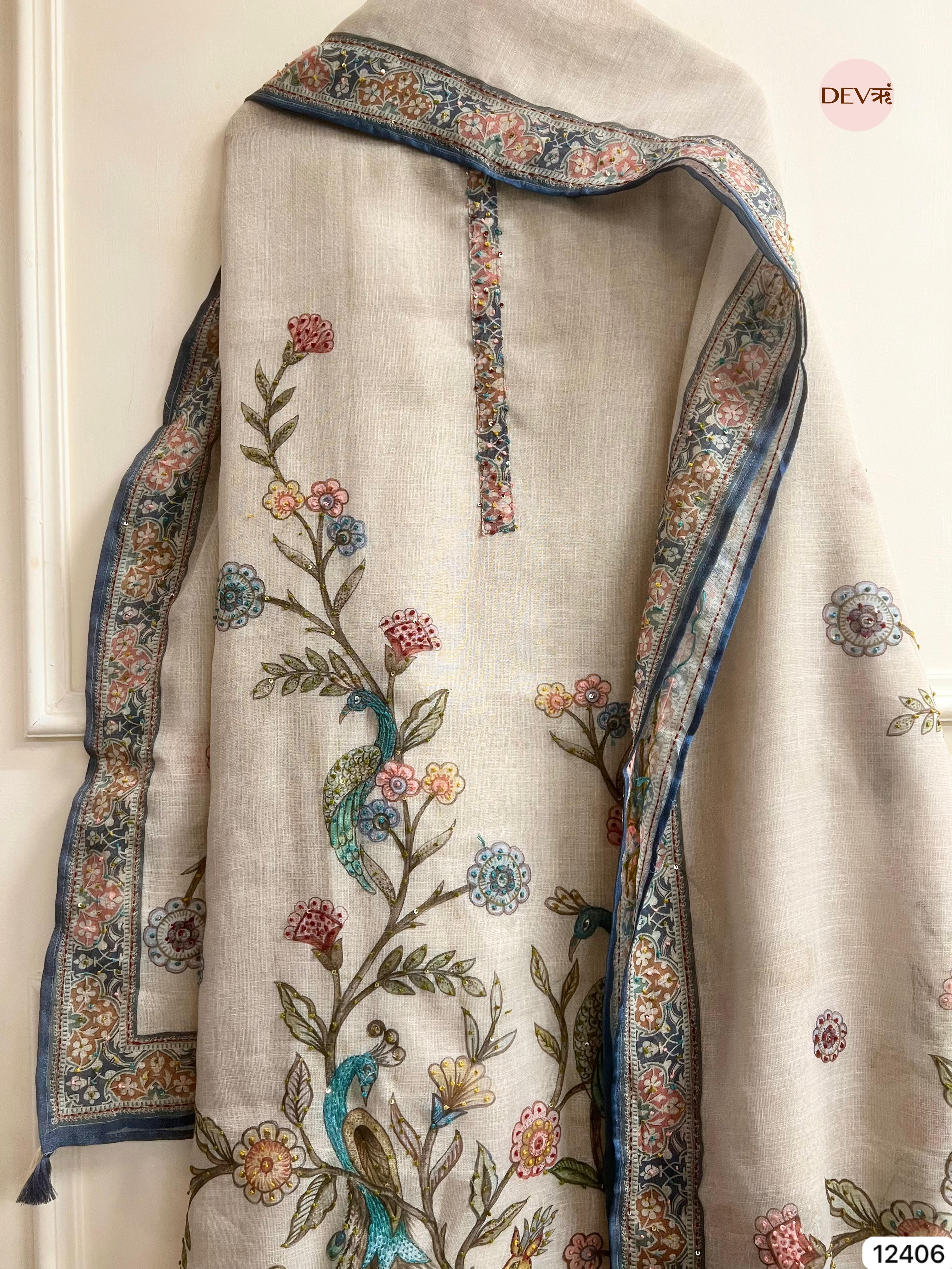 Beige Pure Linen Cotton Printed Unstitched 3-Piece Suit (Devri – D.No 12406)