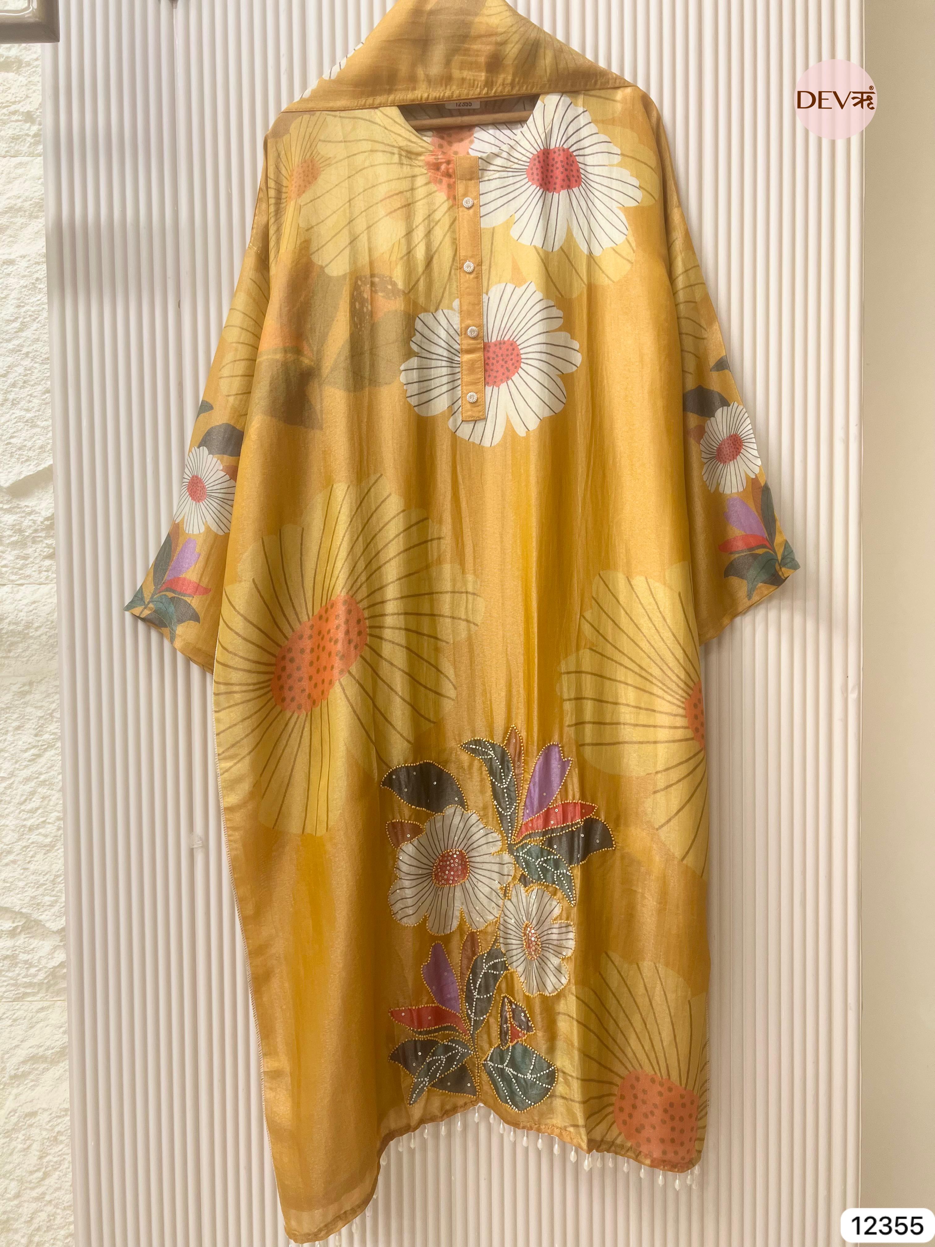 Mustard Yellow Shimmer Silk Printed Unstitched 3-Piece Suit (Devri – D.No 12355)