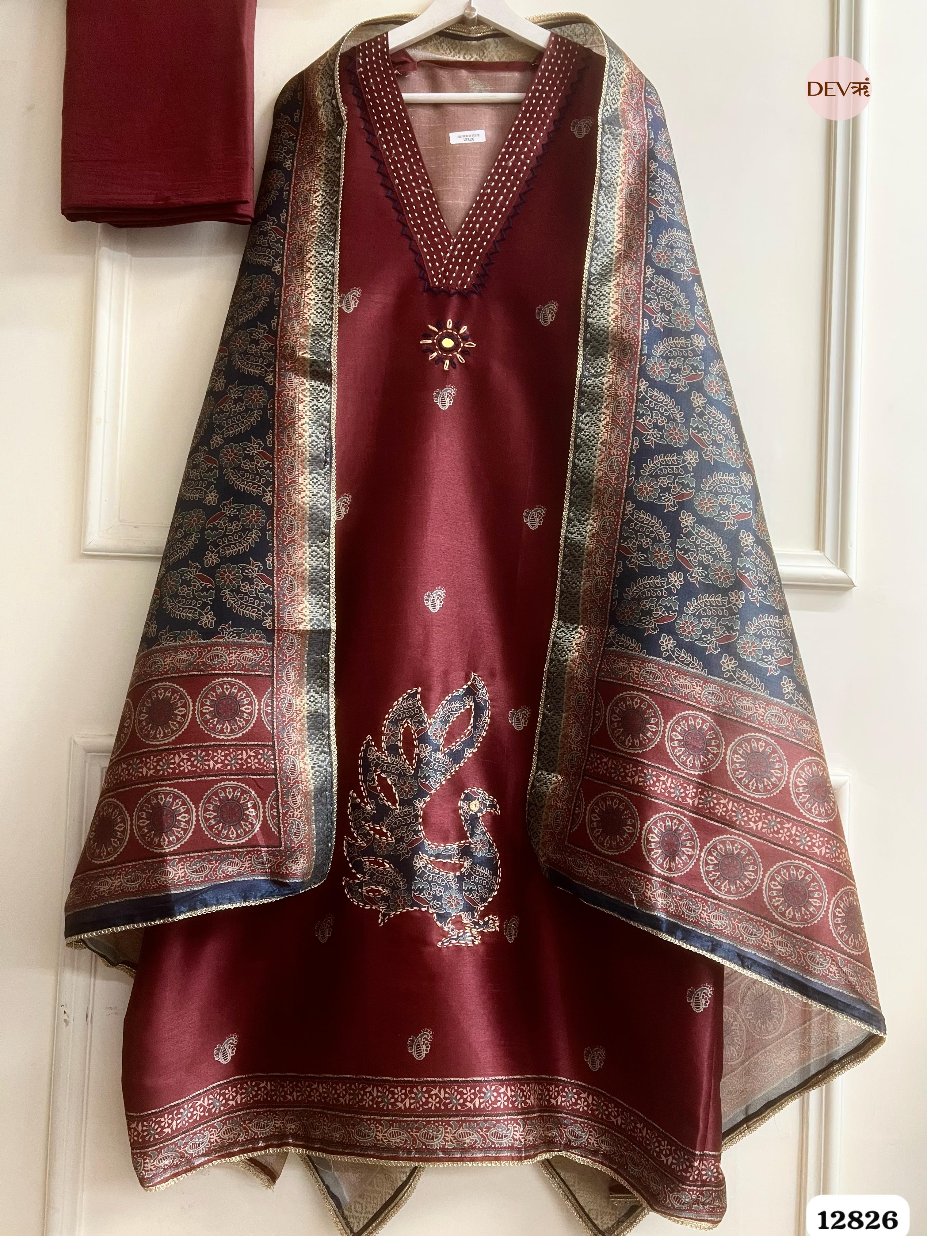 Maroon Chanderi Silk Printed Unstitched 3-Piece Suit (Devri – D.No 12826)