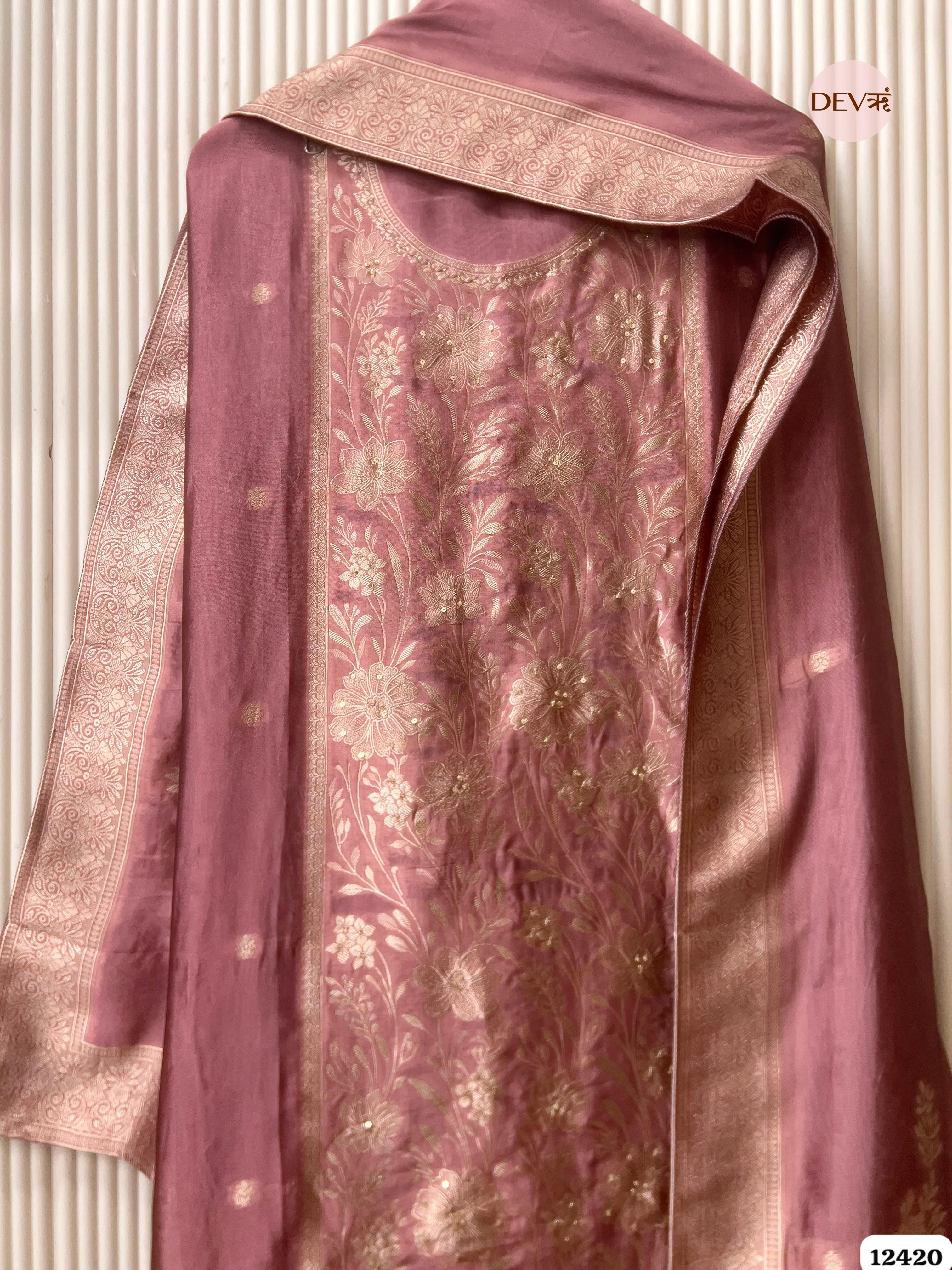 Dusty Rose Banarasi Silk Embroidered Unstitched 3-Piece Suit (Devri – D.No . 12420)