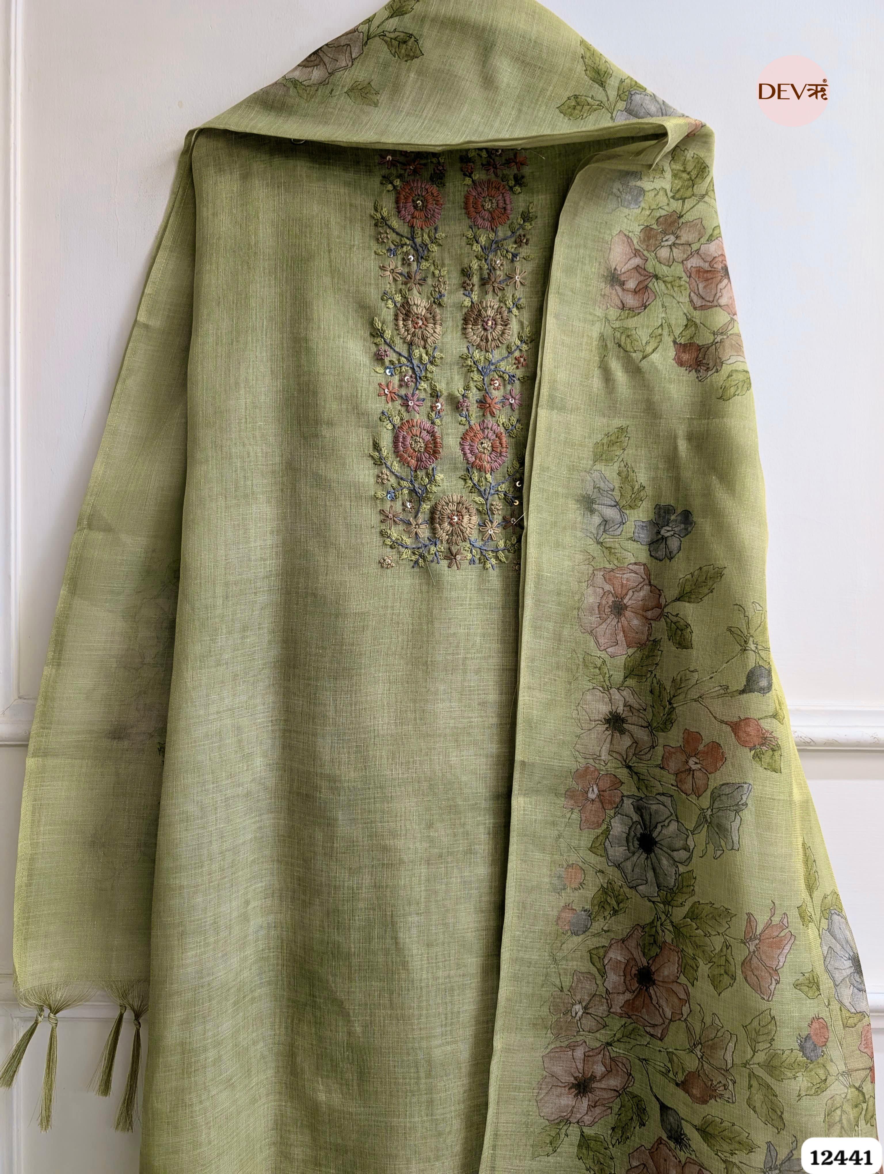 Sage Green Linen Embroidered Unstitched 3-Piece Suit (Devri – D.No 12441)