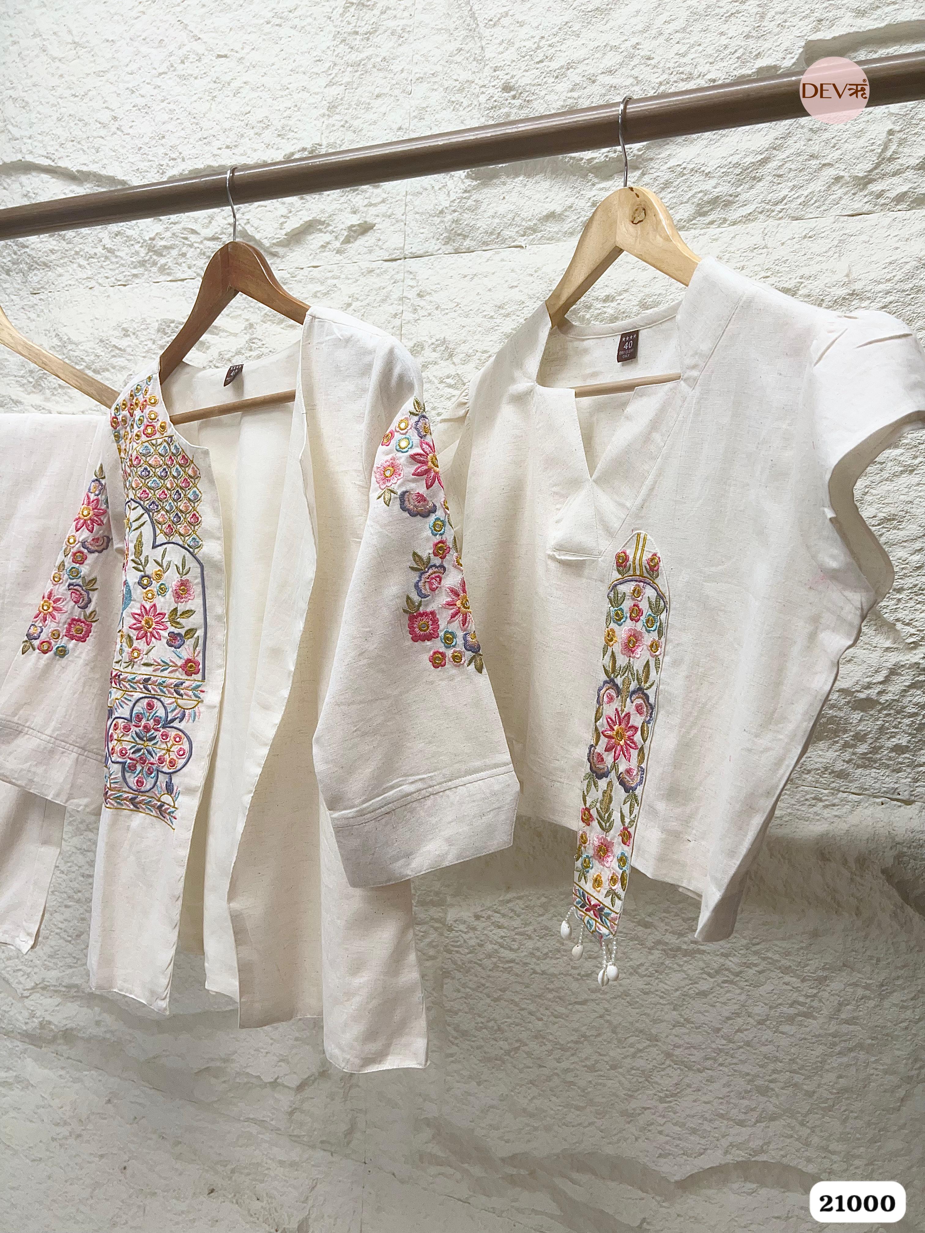 Dharini Cotton Embroidered Ivory 3-Piece Co-ord Set (Devri – D.No 21000)