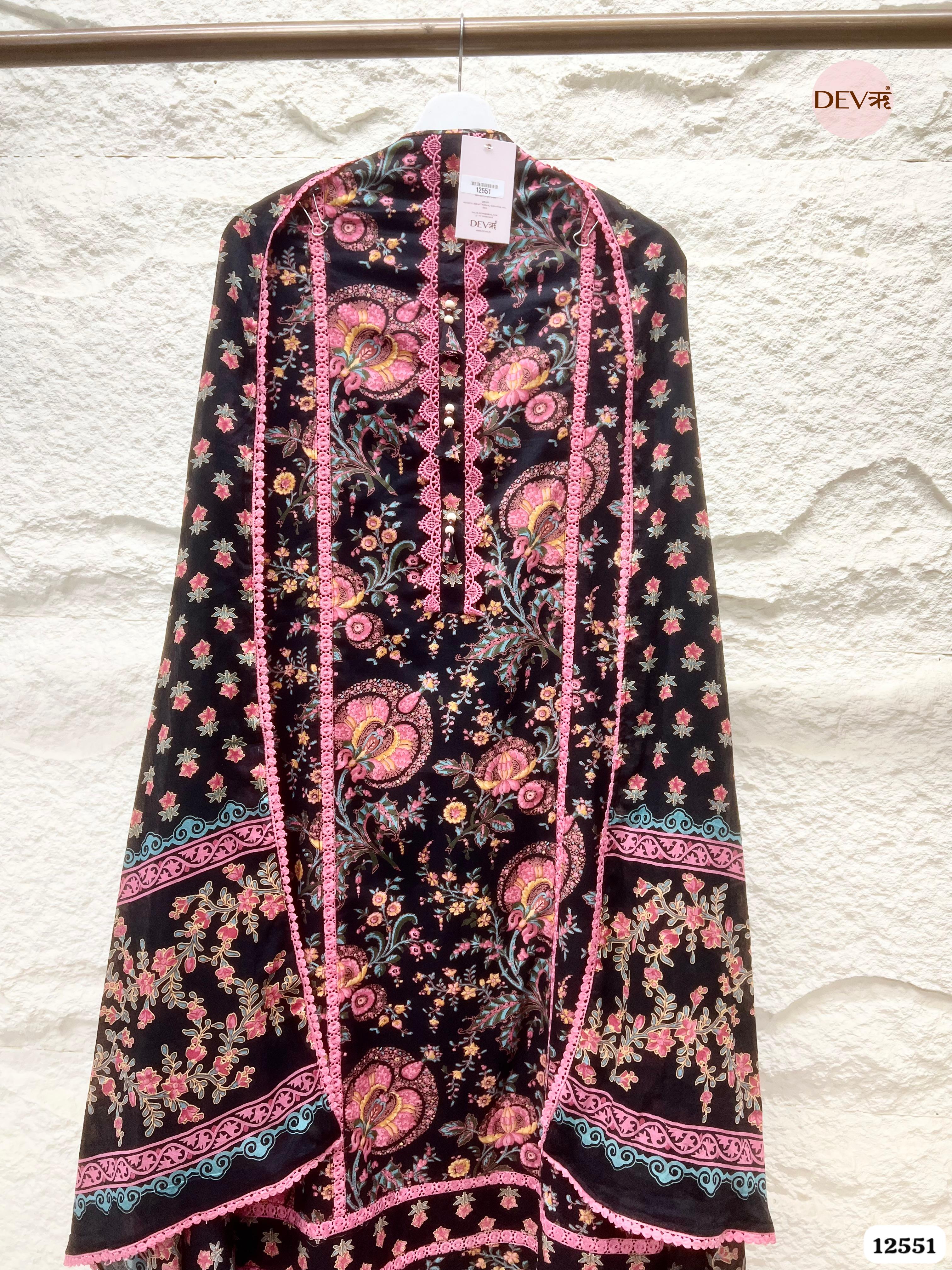 Black Pure Cotton Floral Printed Unstitched 3-Piece Suit (Devri – D.No 12551)