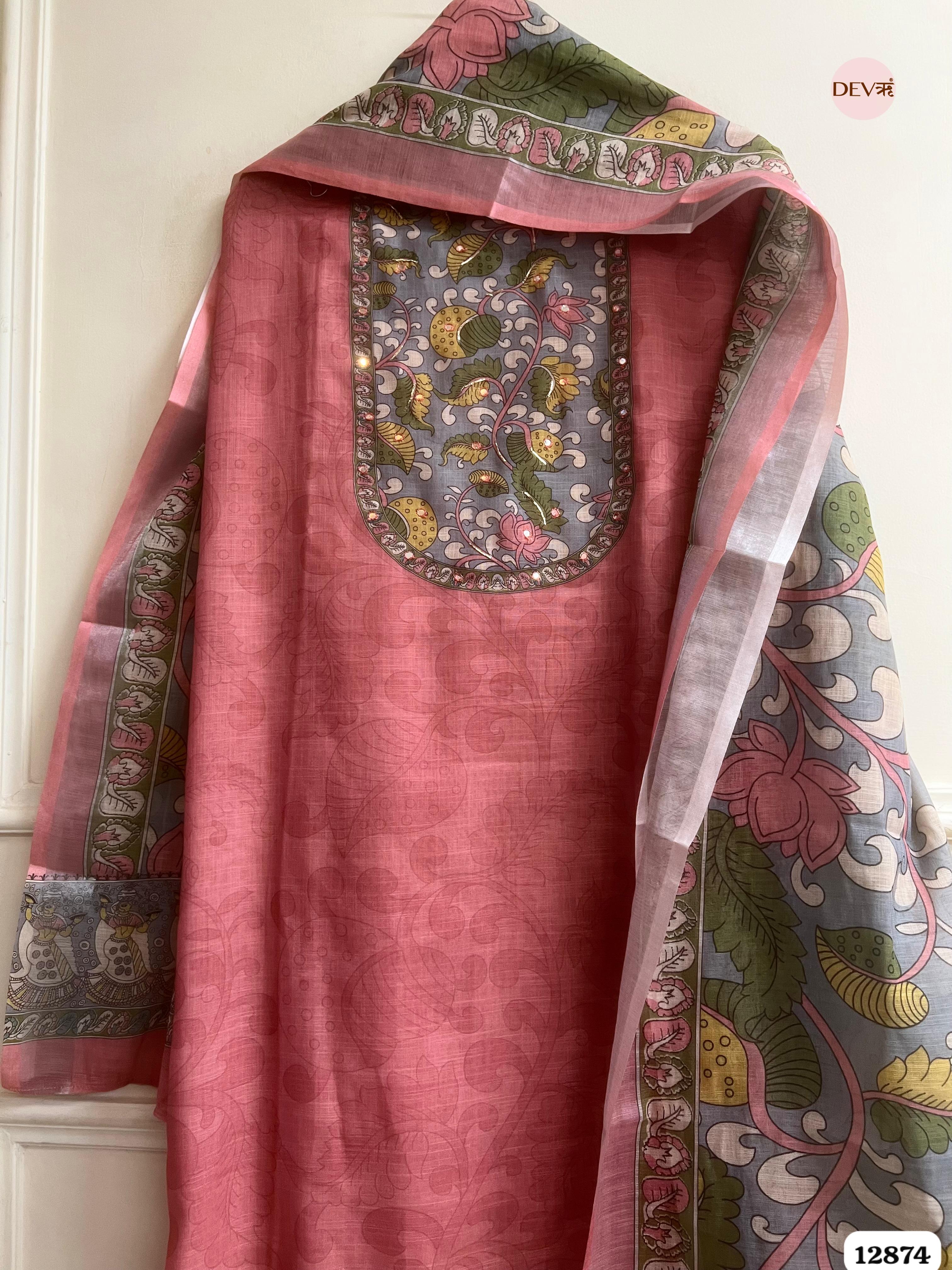 Pink Linen Cotton Printed Unstitched 3-Piece Suit (Devri – D.No 12874)