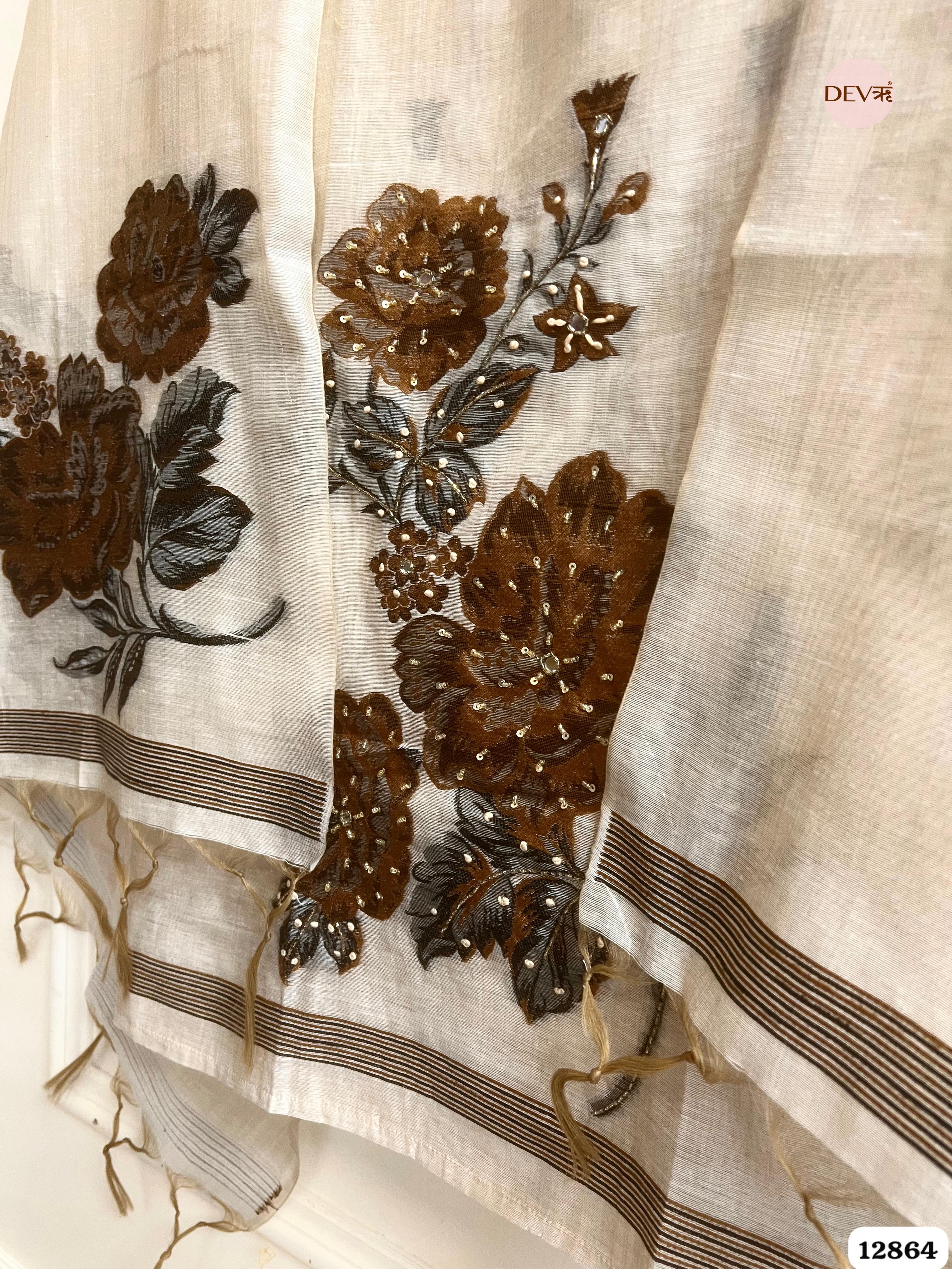 Ivory Mul Chanderi Embroidered Unstitched 3-Piece Suit (Devri – D.No 12864)